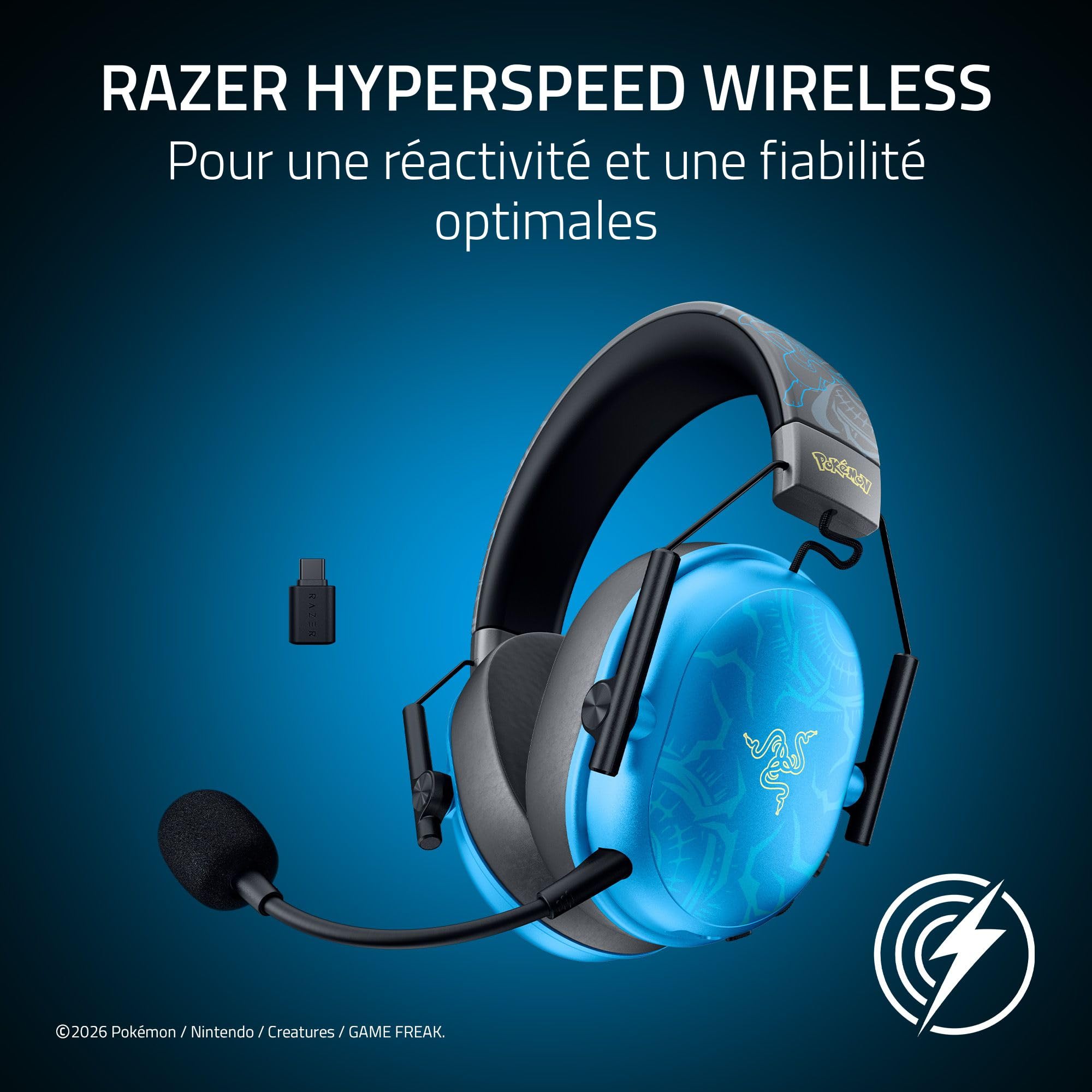 Razer BlackShark V3 X HyperSpeed Pokémon - Casque Gaming sans Fil - 270 g - Haut-parleurs Triforce 50 mm - Micro Amovible - Son Surround - sans Fil 2,4 GHz et Bluetooth | Lucario