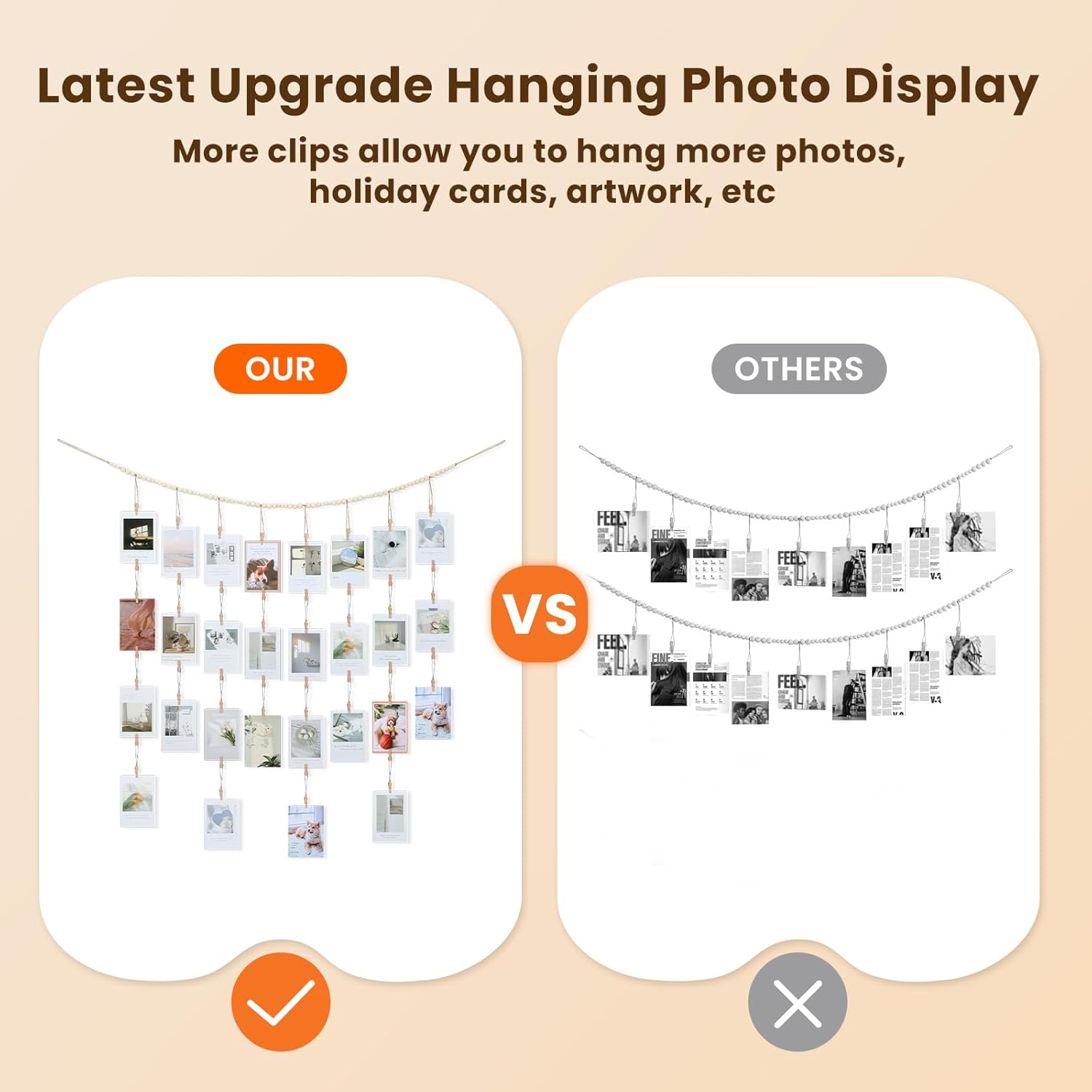 KLOGTSIND Hanging Photo Display with Clips Wall Decor, Boho Wooden Beads Garland Picture Banner, Collage Card Kids Art Holder Photo String with 28 Clips for Room Dorm Decor, Christmas Teen Girl Gifts