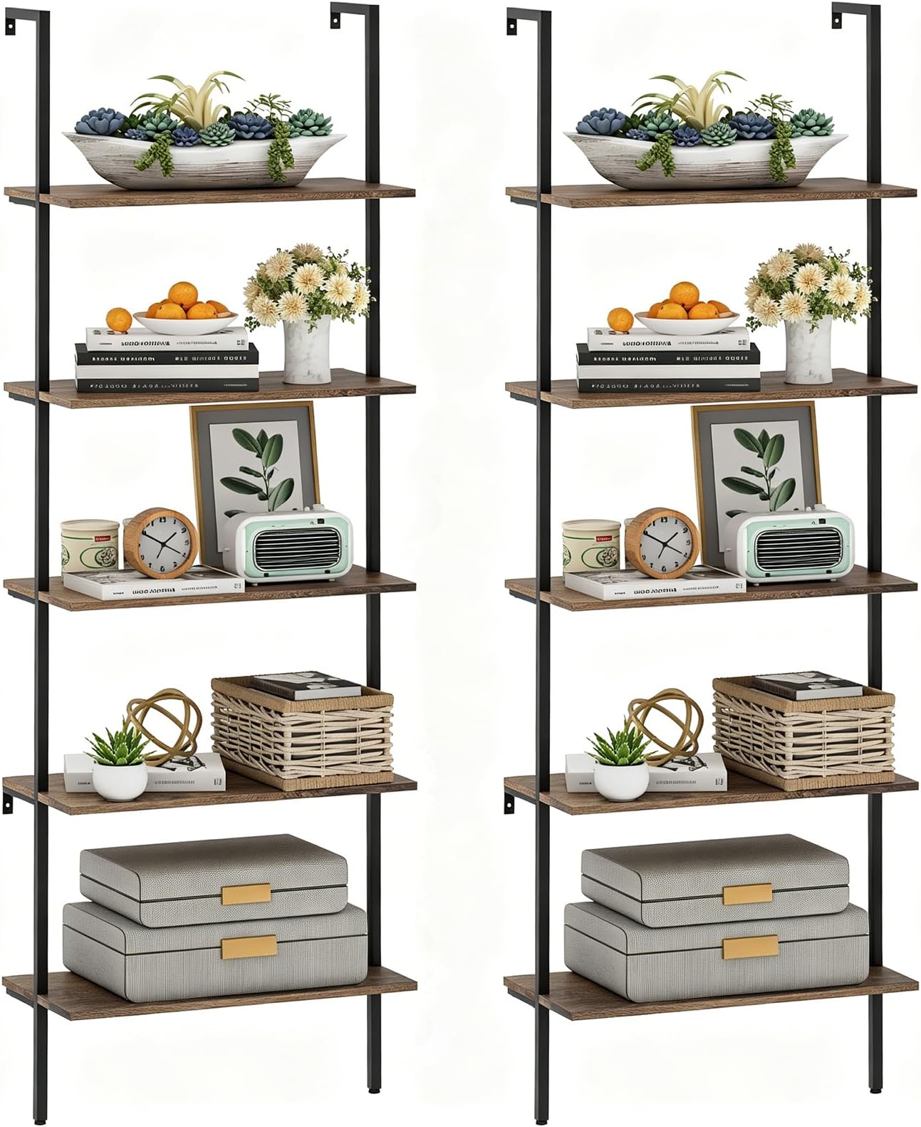 Wolawu 5 Tiers Ladder Shelf 2-Piece Black Modern Tall Bookshelf Open Large Tall Wall Mount Storage Bookcase Standing Leaning Wall Shelves Industrial Decorative (Brown)