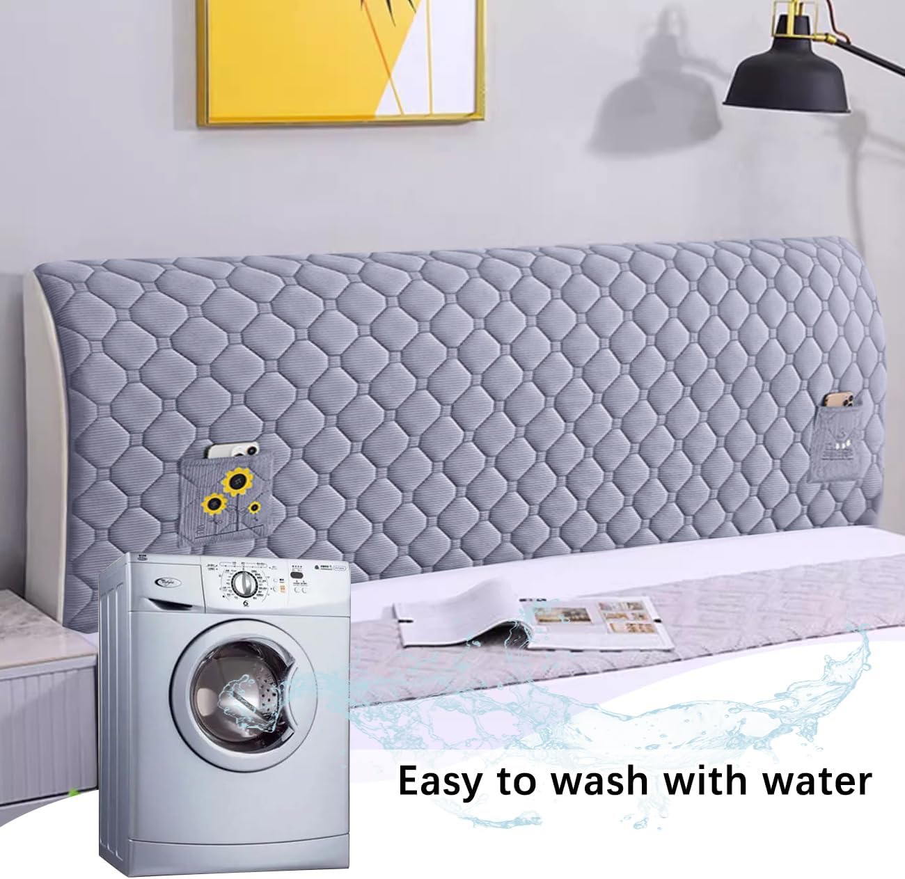 WAYUTO Stretch Bed Headboard Cover with Pockets Bed Headboard Protector Bed Headboard Slipcover Bed Headboard Covering for Bedroom Decor Gray, King