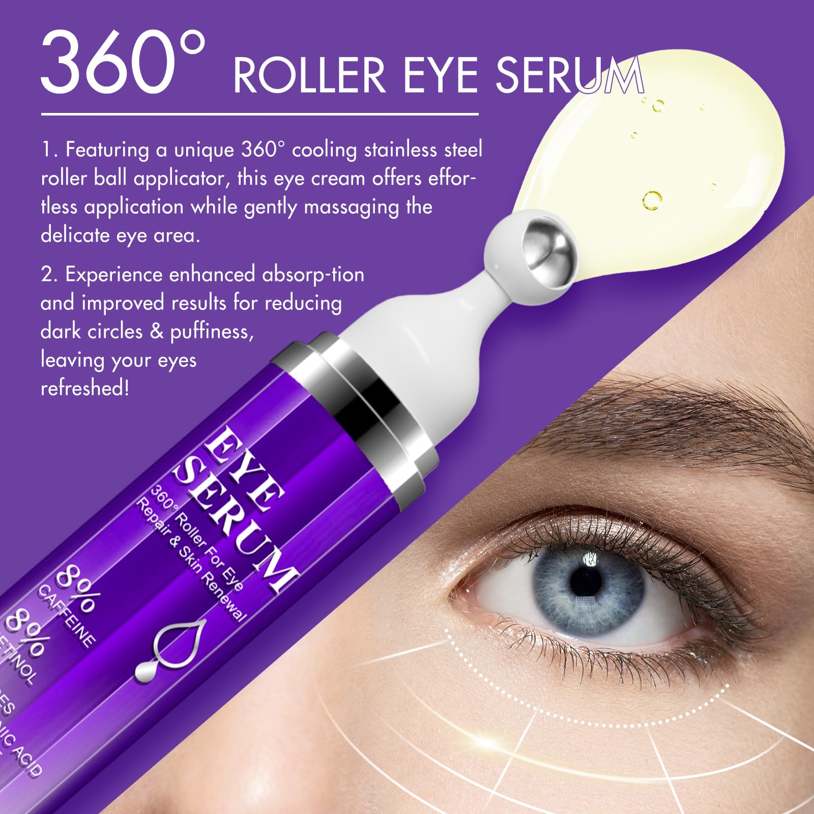 Siero per Contorno Occhi con 8% di Caffeina, Con 360° Roller Ball, Acido ialuronico puro e caffeina, Per Occhiaie e Borse, Rughe e Linee Sottili, 15ML