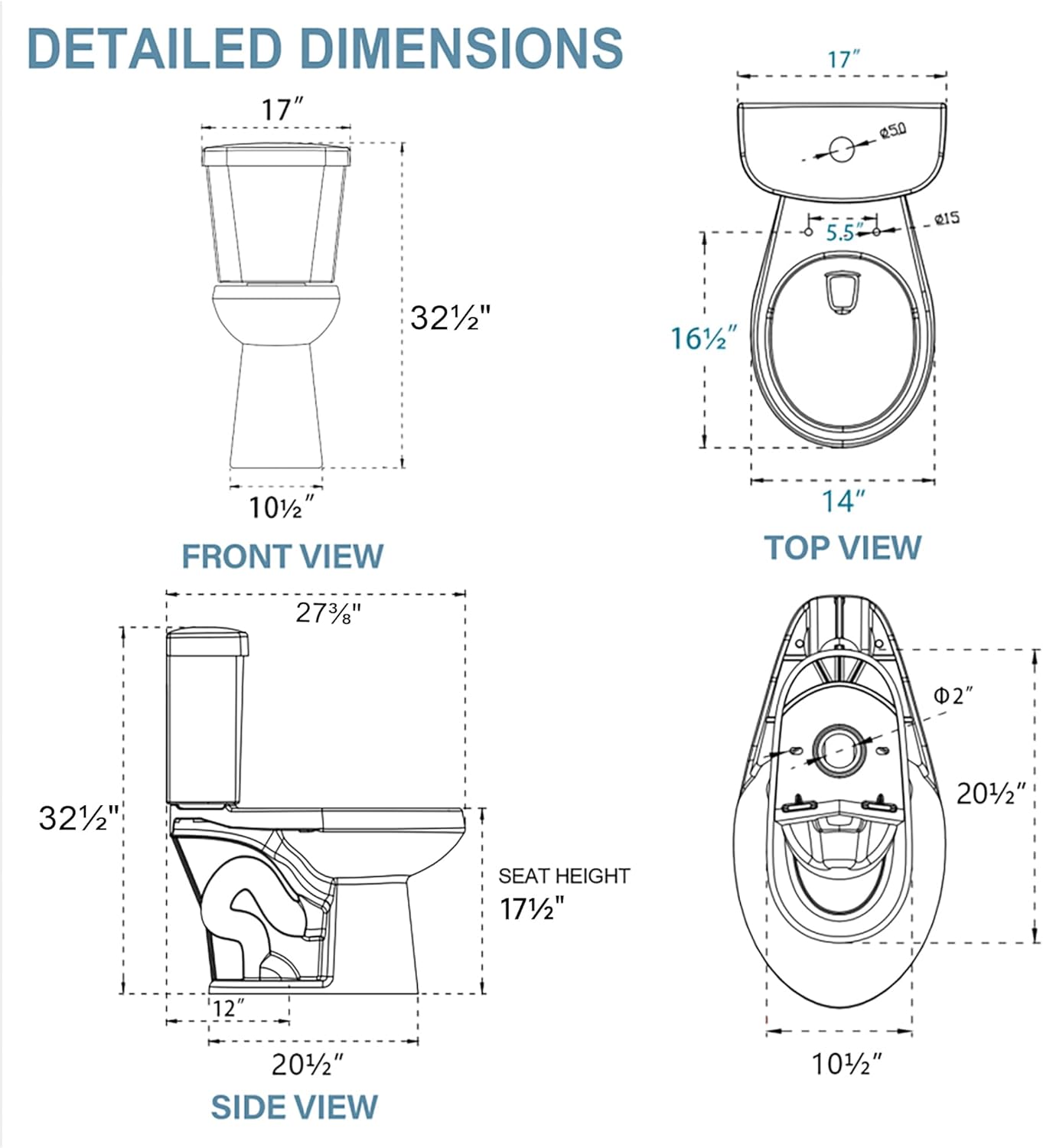 Compact Tall Toilet 17 Inch for Small Bathroom, Chair Height ADA High Toilets, Comfort Bowl Heigh 16.75", Seat Height 17.5", Two-Piece Dual Flush 1.1/1.6 GPF, 12 Inch Rough-in, Bone Color