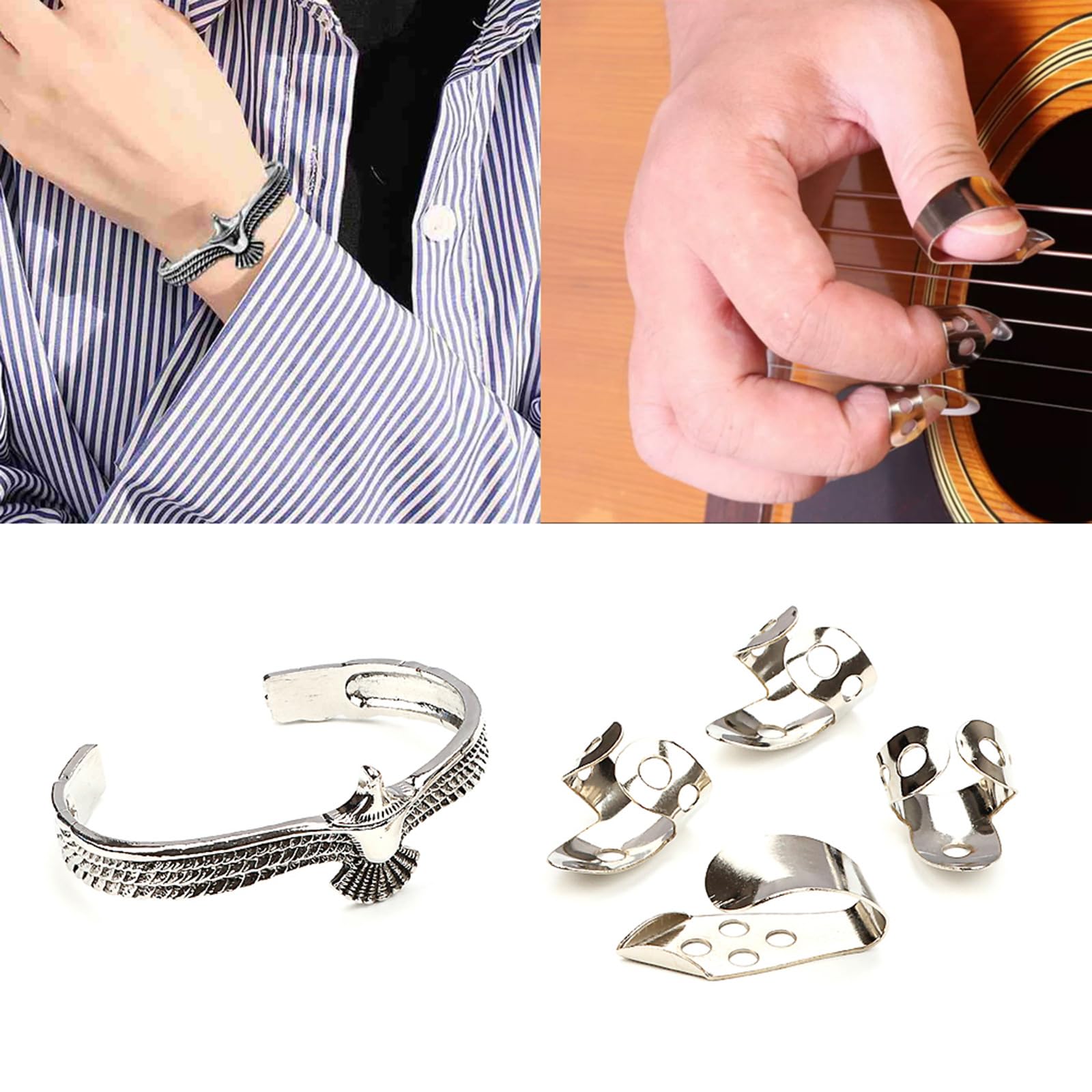 Púas de metal para dedo pulgar para guitarra, protector de dedos, diseño abierto, púa de dedo con brazalete