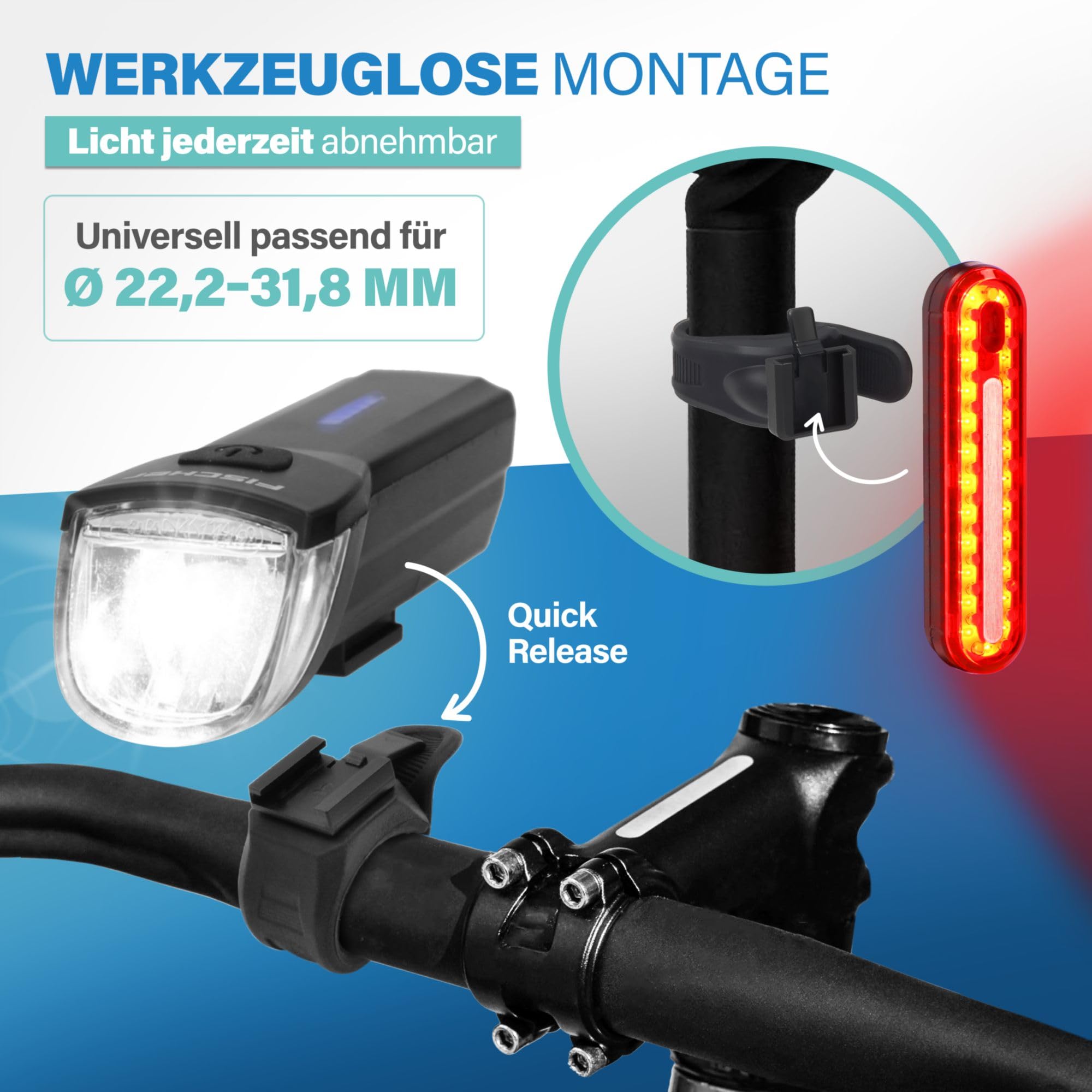 FISCHER Zestaw oświetlenia rowerowego Stop 30/15 Lux ze światłem hamowania, przednie i tylne światło, z akumulatorem i funkcją ładowania USB, 2 funkcje świecenia, ochrona przed pryskającą wodą zgodnie
