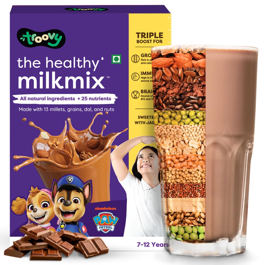 Troovy No Sugar, 13 Millets & Nuts, Chocolate Nutri Milk Mix, Jaggery Sweetened with Real Cocoa, Chocolate Flavoured Powder for Kids 7-12 Years.