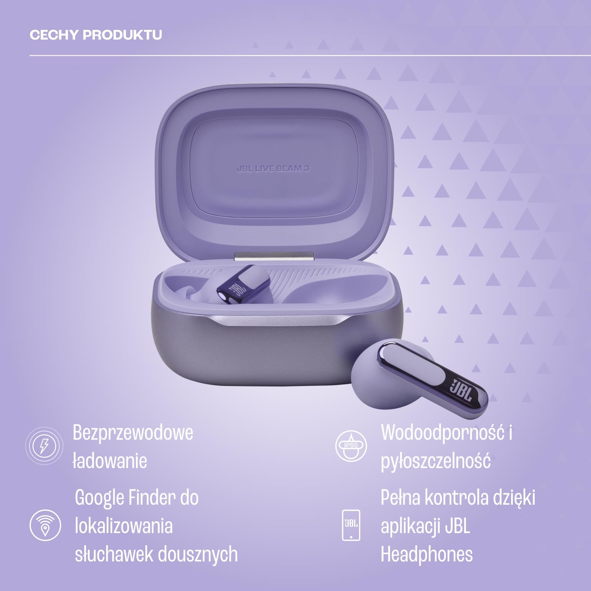 JBL Live Beam 3, Słuchawki Bezprzewodowe Douszne z Bluetooth, 48 H Pracy na Baterii, ANC i Dźwiękiem o Wysokiej Rozdzielczości, Wodoodporne IP55, Zamknięta Konstrukcja, Fioletowe
