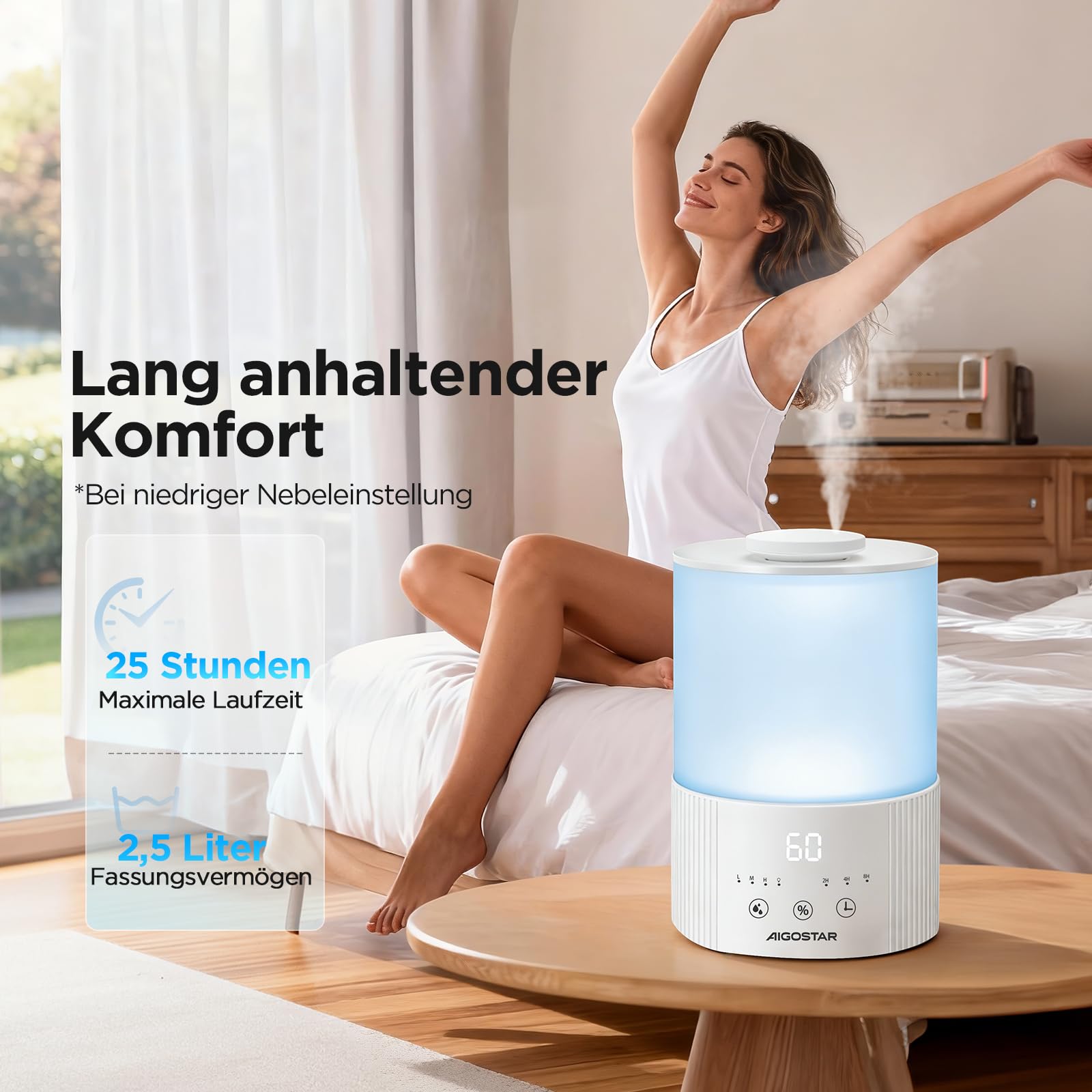 Aigostar Luftbefeuchter Schlafzimmer mit Hygrometer – 2,5 L Ultraschall Raumbefeuchter, 28 dB leise, Aroma Diffuser für ätherische Öle, 3 Nebelstufen & Timer – für Baby, Pflanzen & Büro