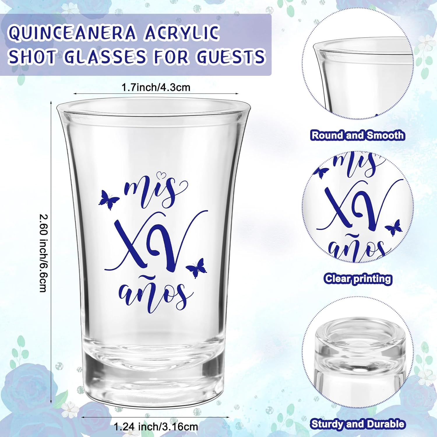Havawish 25 Sets Quinceanera Party Favors for Guests Quinceanera Acrylic Clear Shot Glasses Thank You Cards with Organza Bags Mis XV años Sweet 15 Birthday Party Favors (Blue) Blue 25