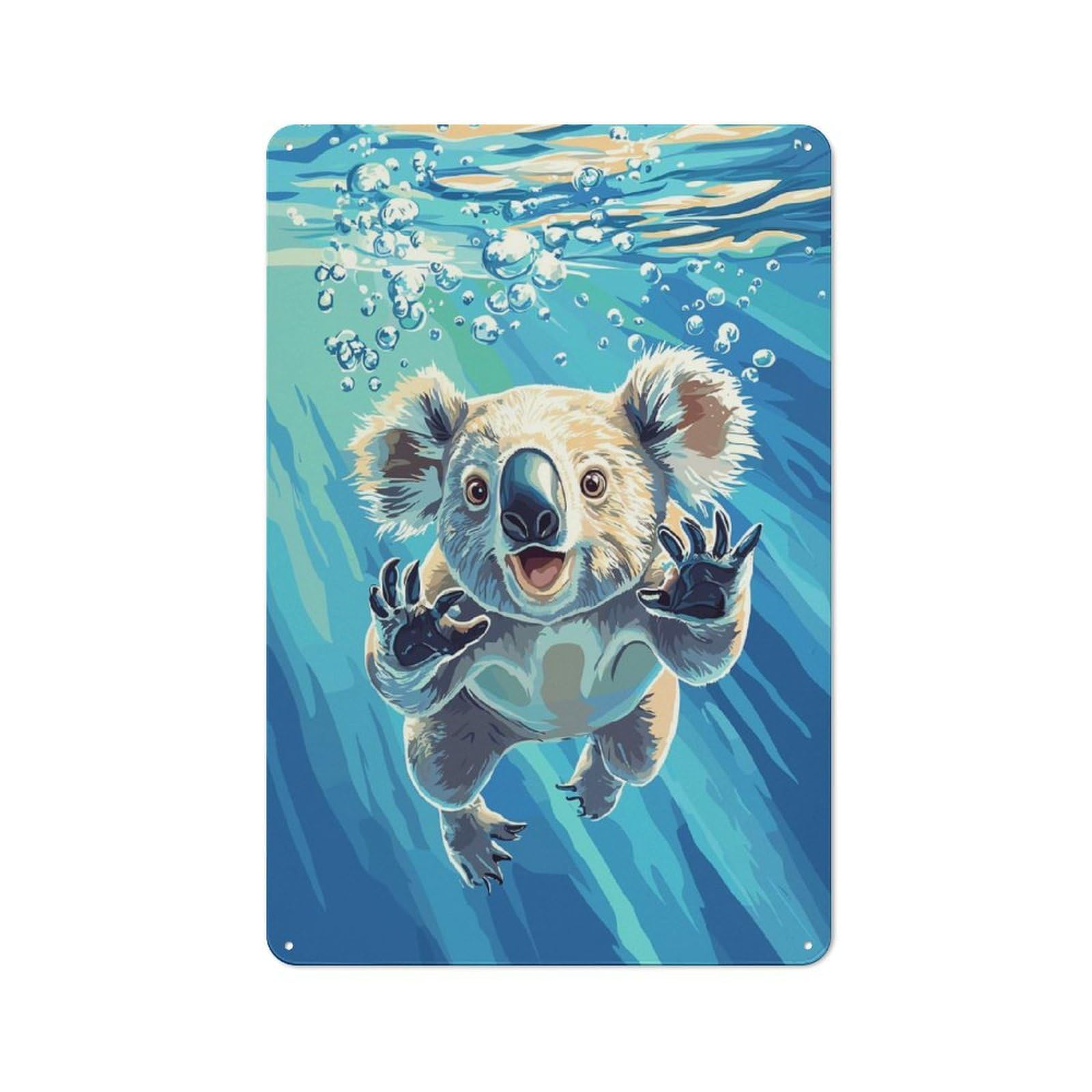 Junmoney Style-17 Underwater Koala Illustration Rustic Tin Wall Plaque 30X20cm For Hobby Room Or Studio, A New Home Present For Creative Interior Collectors