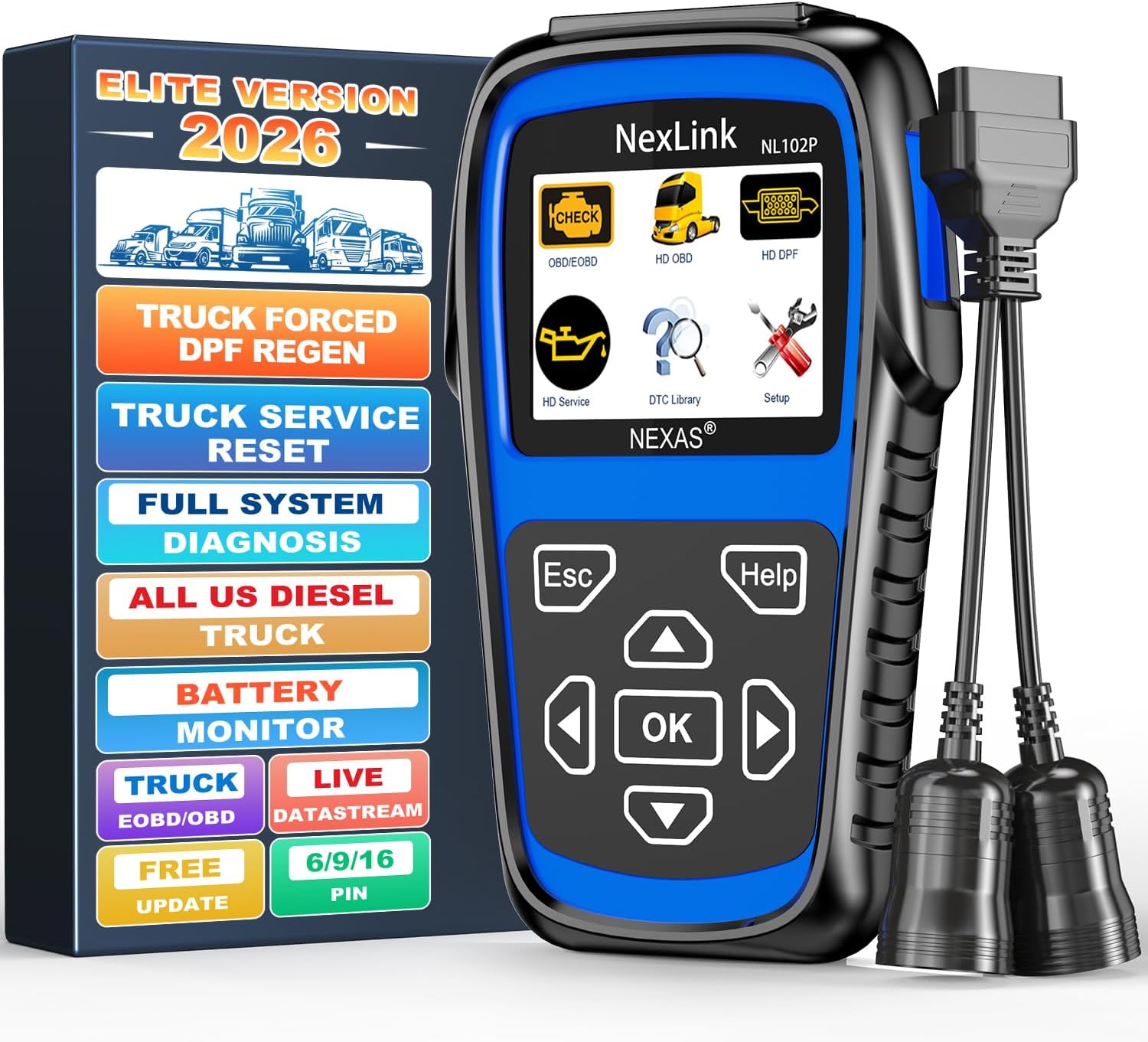 NEXAS NL102 Plus Heavy Duty Truck Scan Tool with DPF Regen Tool Full System Diagnostic Scanner HDOBD/EOBD Diesel Scanner with Oil Reset Sensor Calibration Truck & Car 2 in 1 Code Reader Elite Version