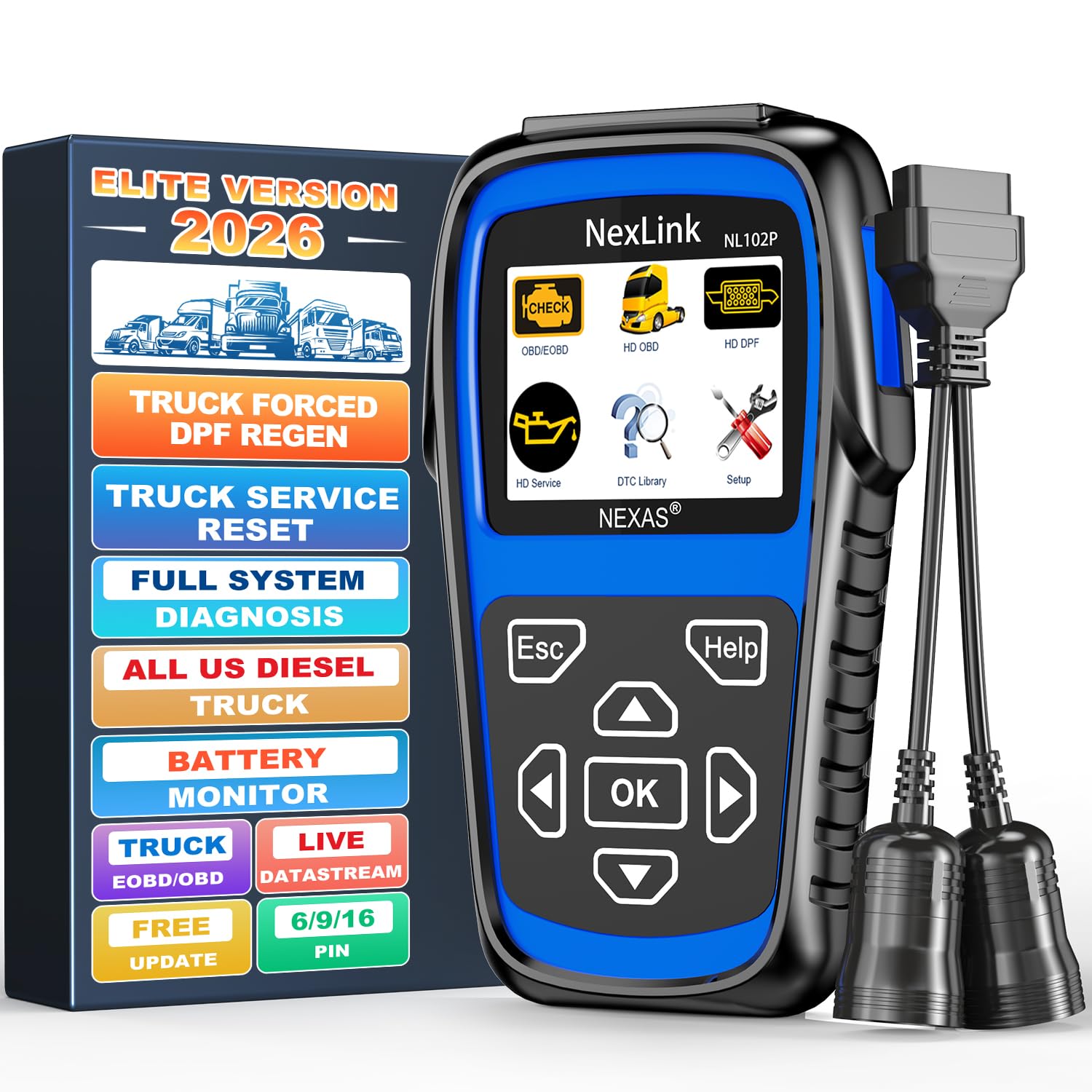NEXAS NL102 Plus Heavy Duty Truck Scan Tool with DPF Regen Tool Full System Diagnostic Scanner HDOBD/EOBD Diesel Scanner with Oil Reset Sensor Calibration Truck & Car 2 in 1 Code Reader Elite Version