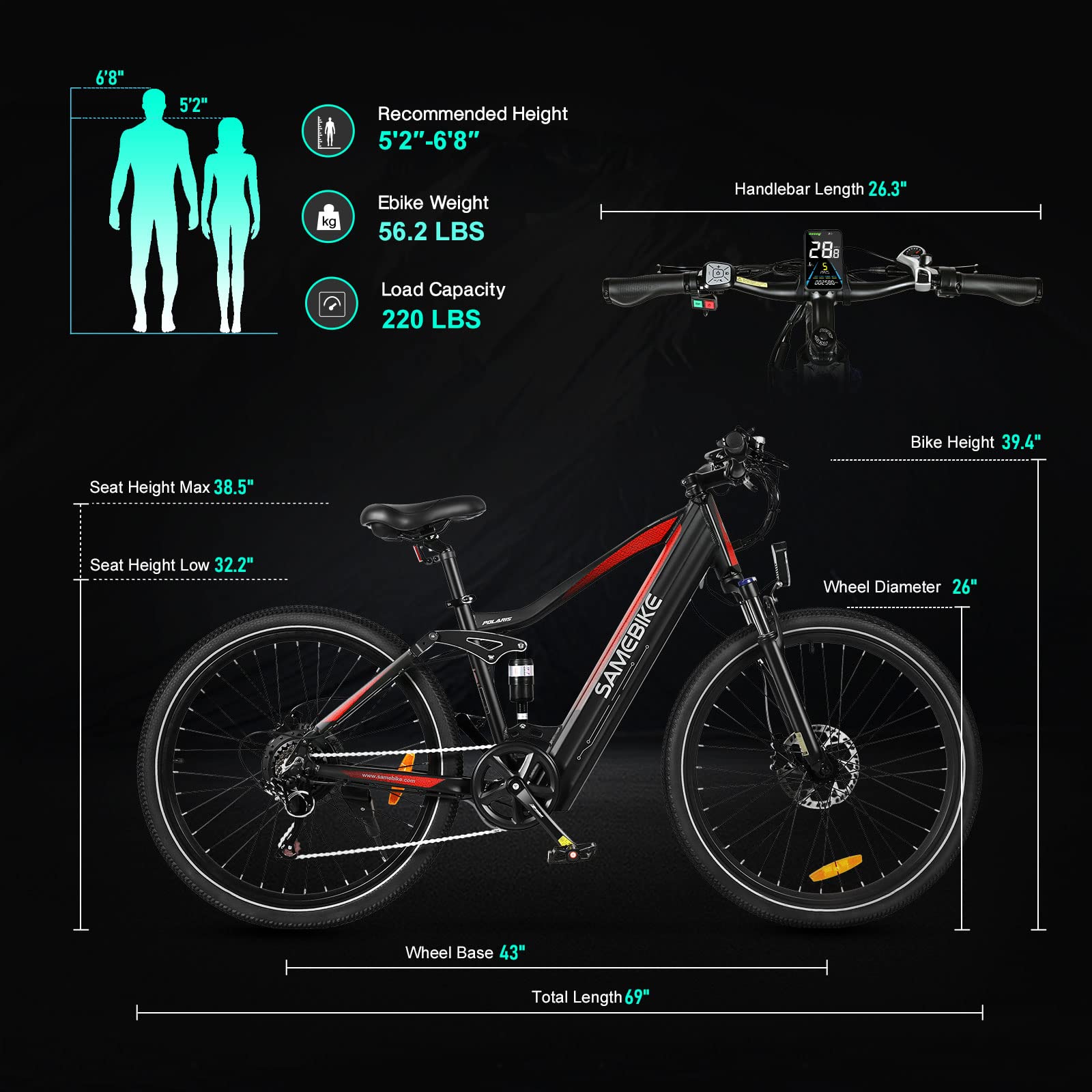 SAMEBIKE XD26-Ⅱ Bicicleta Eléctrica 26 Pulgadas 250W Motor 25km/h Electric Mountain Bike 100km autonomía Bicicleta montaña Adulto 48V 14AH Batería IP54 Impermeable eBike para Commuting