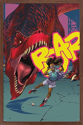 Trends International Marvel Moon Girl & Devil Dinosaur - Póster de pared de rugido, 22.375 x 34 pulgadas, versión enmarcada de caoba