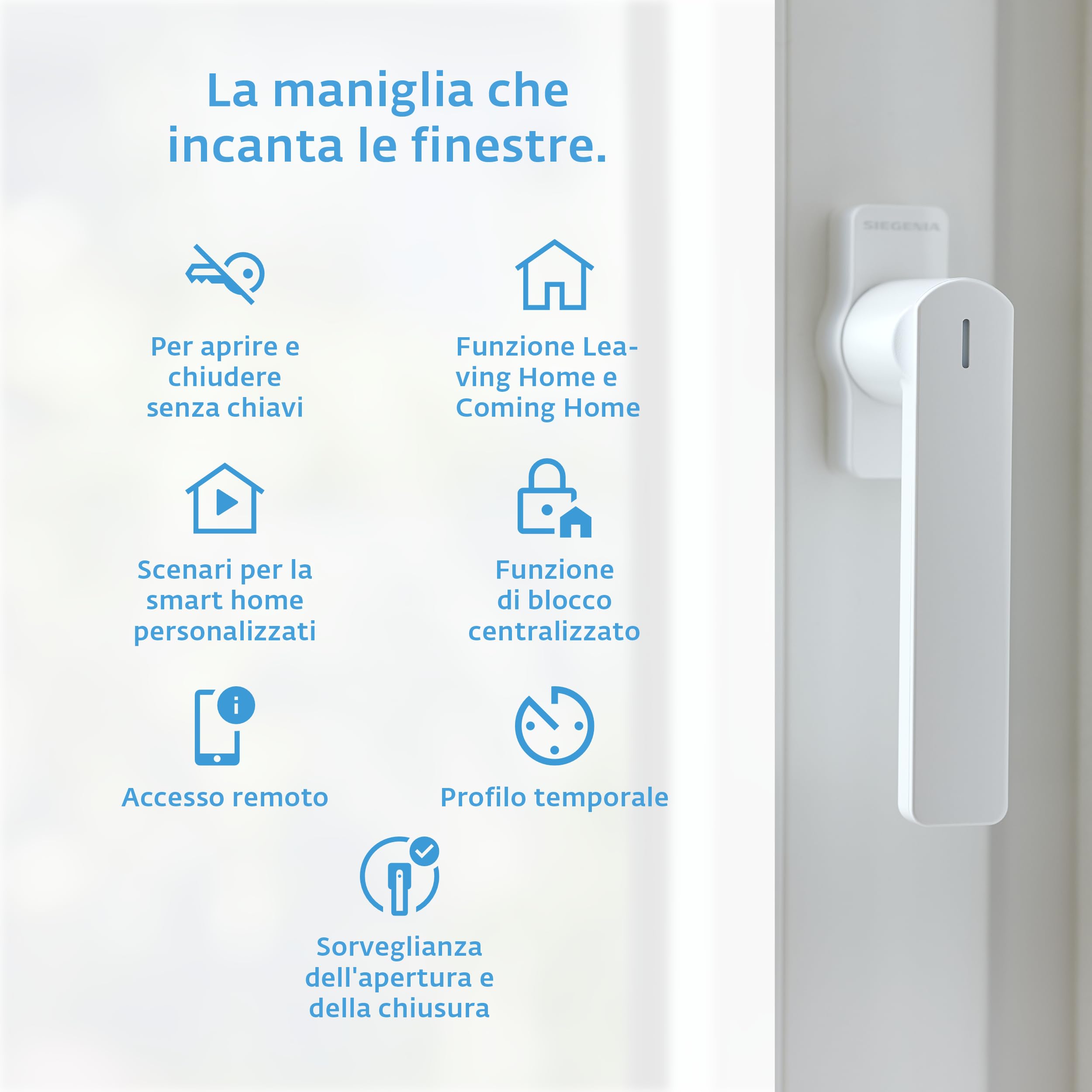 Maniglia smart per finestre SIEGENIA 2° gen. bianco - Compatibile con Matter per l'inserimento nelle reti della smart home con sorveglianza dello stato, blocco centralizzati tramite accesso remoto