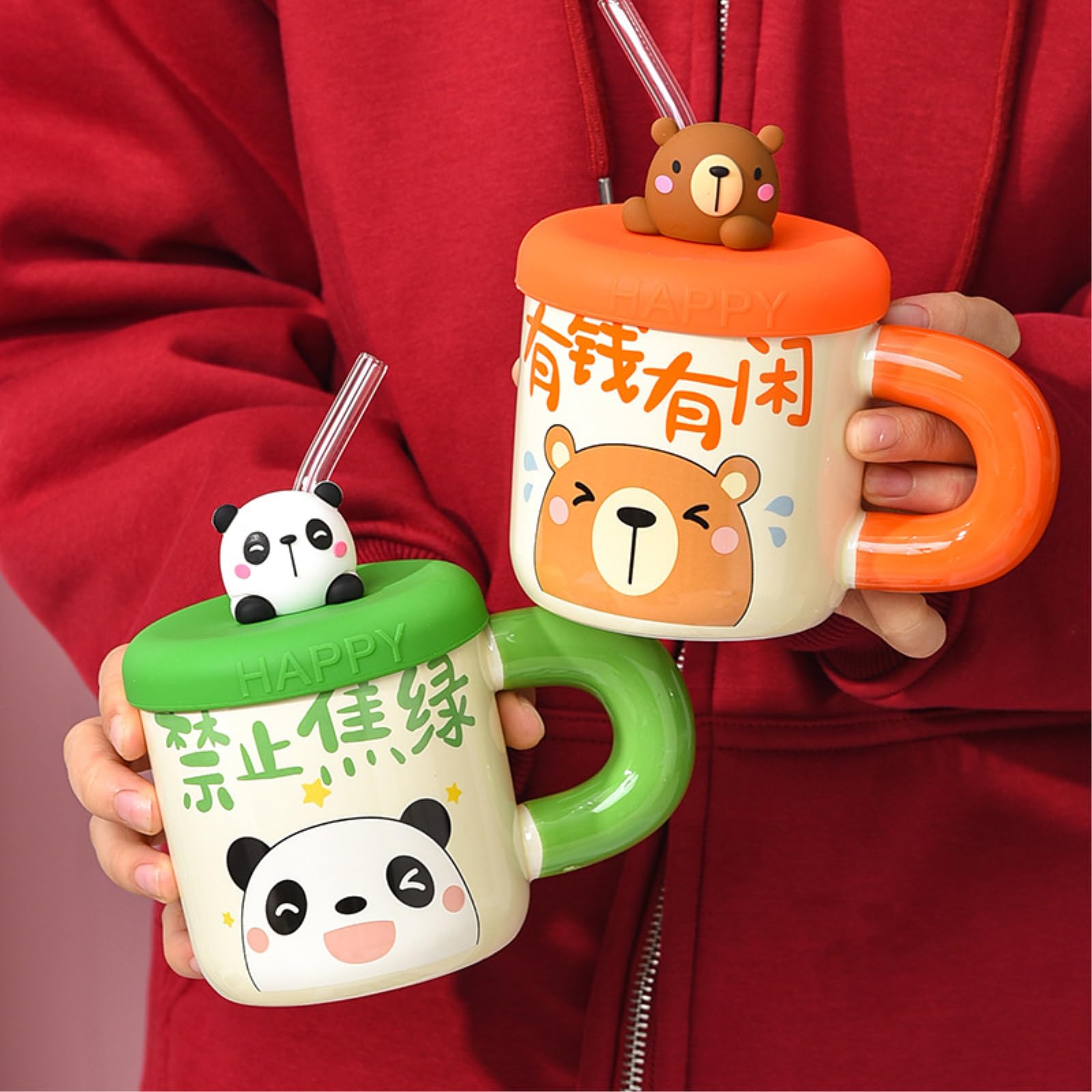 Taza de cerámica de 400 ml con tapa, para oficina, hogar, desayuno, conejito, 400 ml