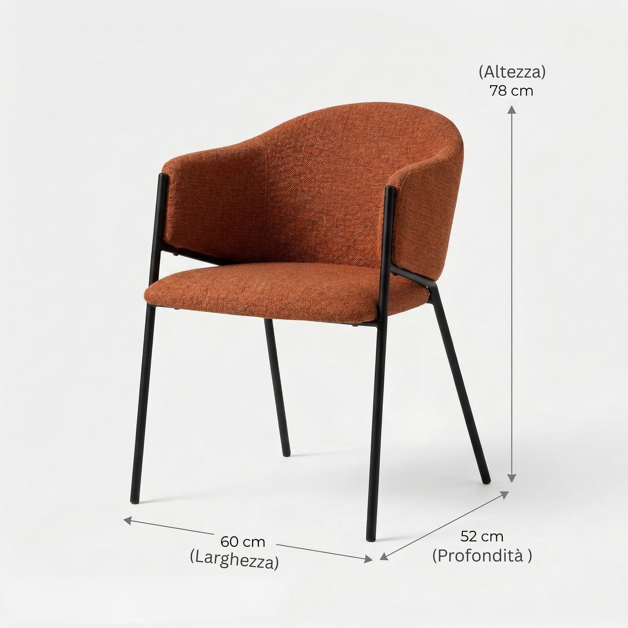Cribel LUNIA Set di 2 Poltrone Moderne Imbottite Ruggine in Tessuto Aragon, Schienale Avvolgente con Braccioli Integrati e Gambe Nere in Metallo 52x60x78 cm