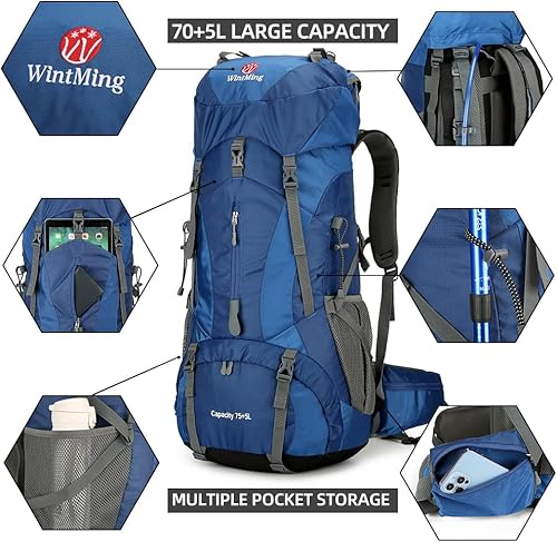 Miniatura 6 de King'sGuard Mochila de senderismo para hombres y mujeres, 70L+5L, impermeable, ligera, mochila de camping con cubierta de lluvia, sin marco, marino,
