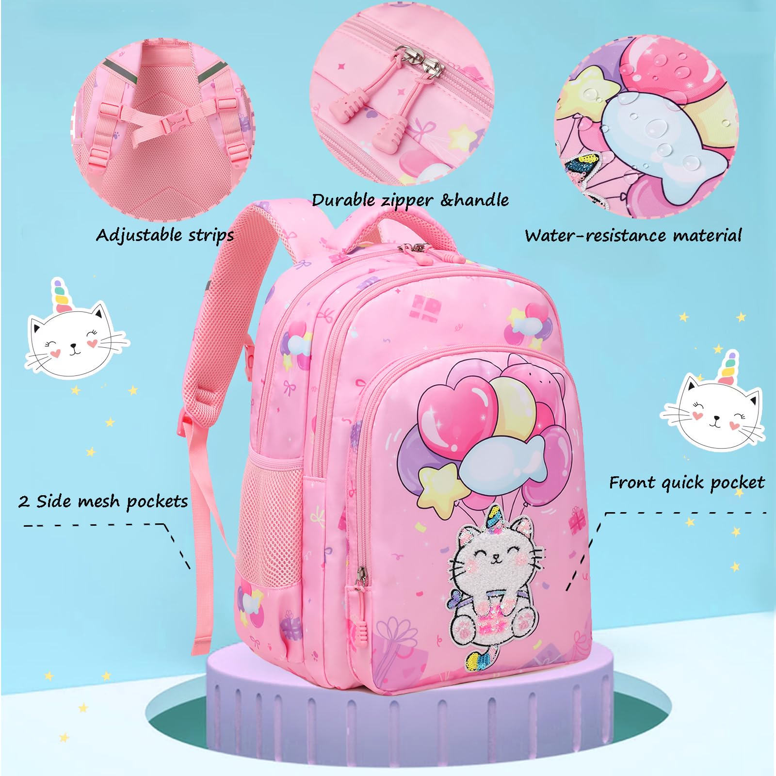 Jumpopack Cat Unicorn Backpack for Girls Kids Elementary School Bag Bookbag Girls Backpack with Lunch Box and Penci Case