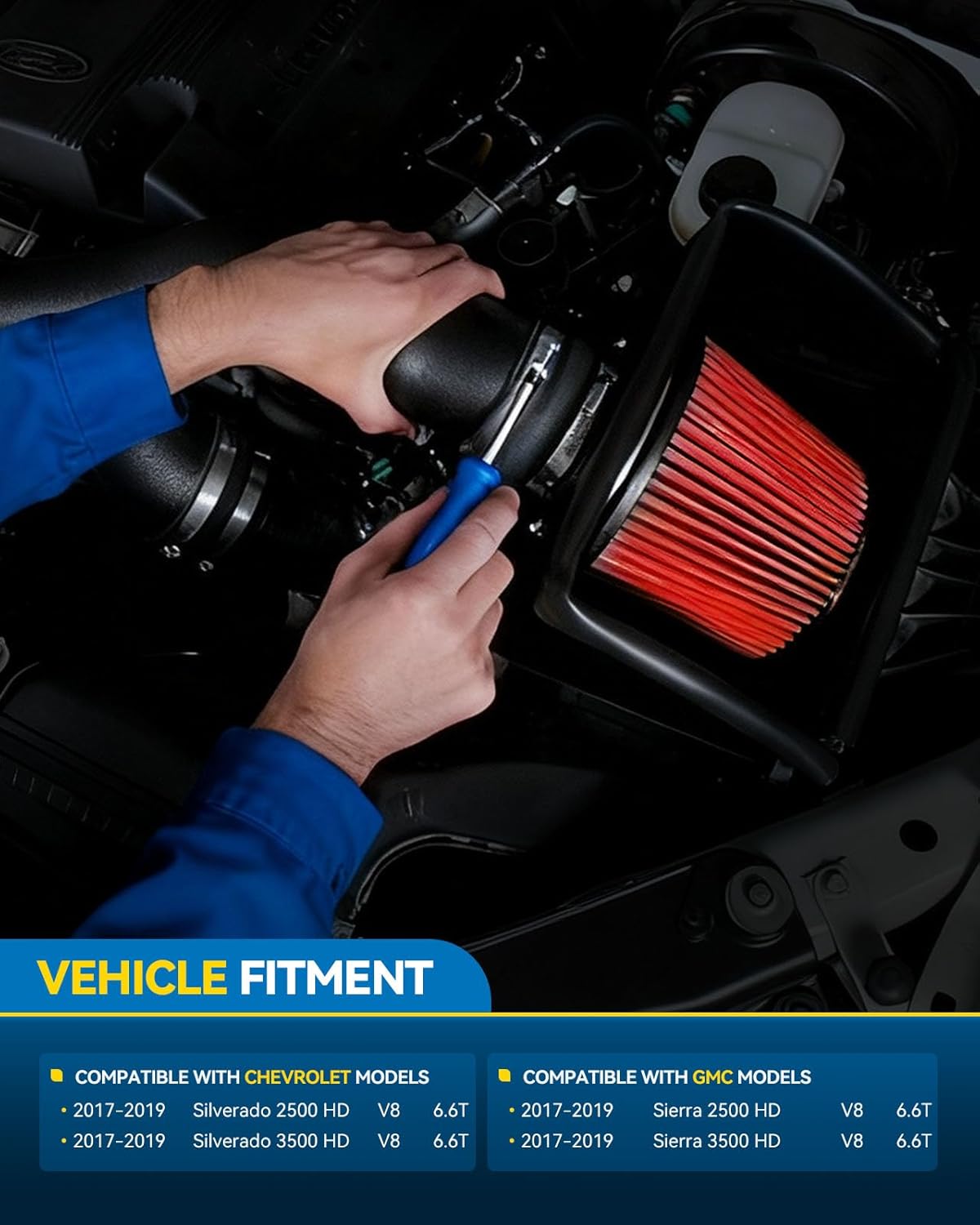 PHILTOP 3.75" Cold Air Intake Kit System + Heat Shield Compatible with Chevrolet Silverado 2500/3500 HD 2017-2019, GMC Sierra 2500/3500 HD 2017-2019 6.6TL, High Performance, Red Red 2017-2019 Silverado/Sierra 2500