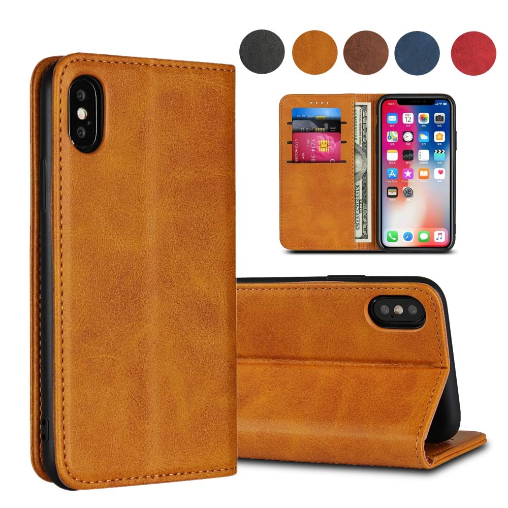 SailorTechiPhone Xs Wallet Case, Premium PU Leather Full Protective Folio Flip Cover with Stand Feature and Built-in Magnet & 3-Slots ID & Credit Cards Pockets for iPhone Xs case（5.8"）-Light Brown