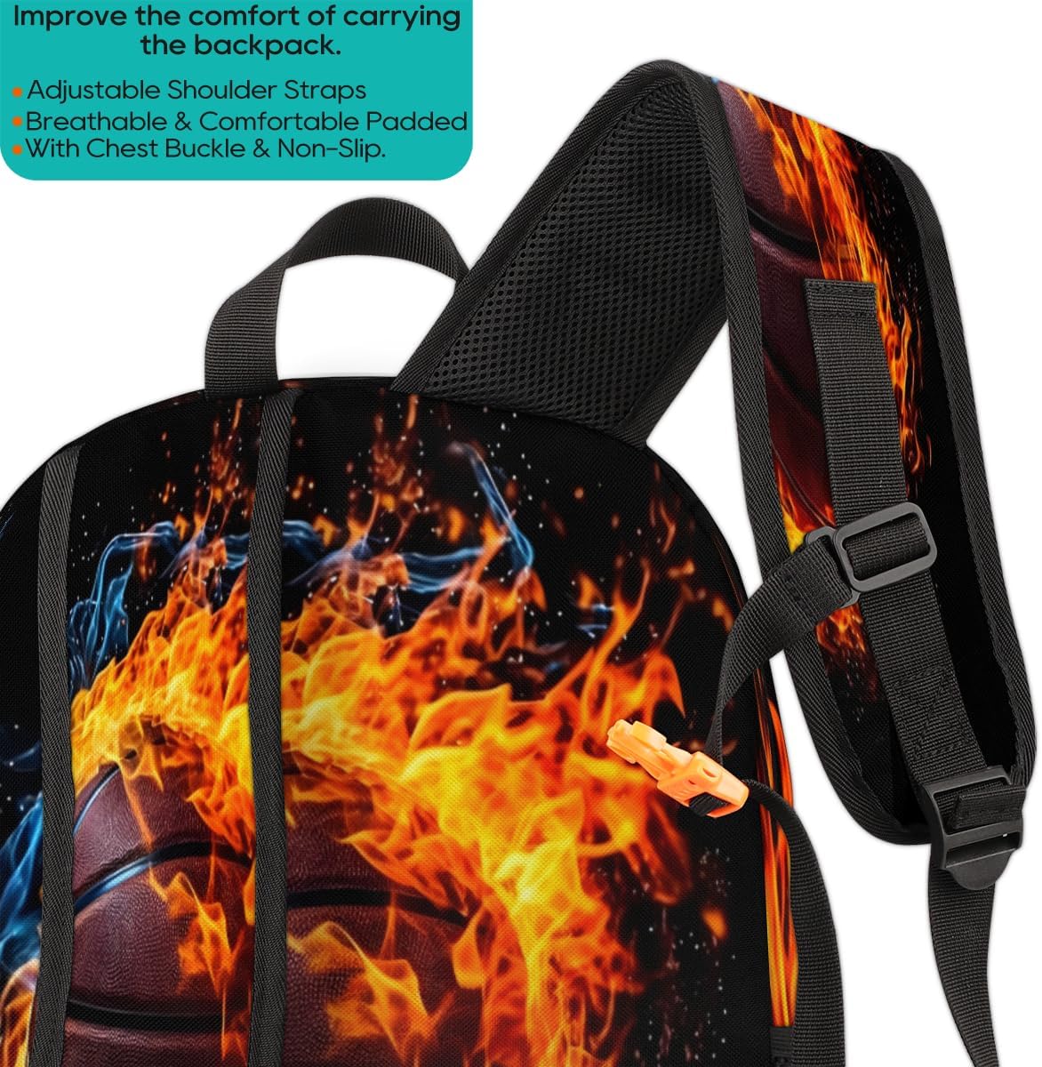 Flame Basketball Small Backpack for Women, Retro Basketball Travel Backpack Carry On Backpack Waterproof Backpack Cute Book Bags With Chest Strap for Women Men