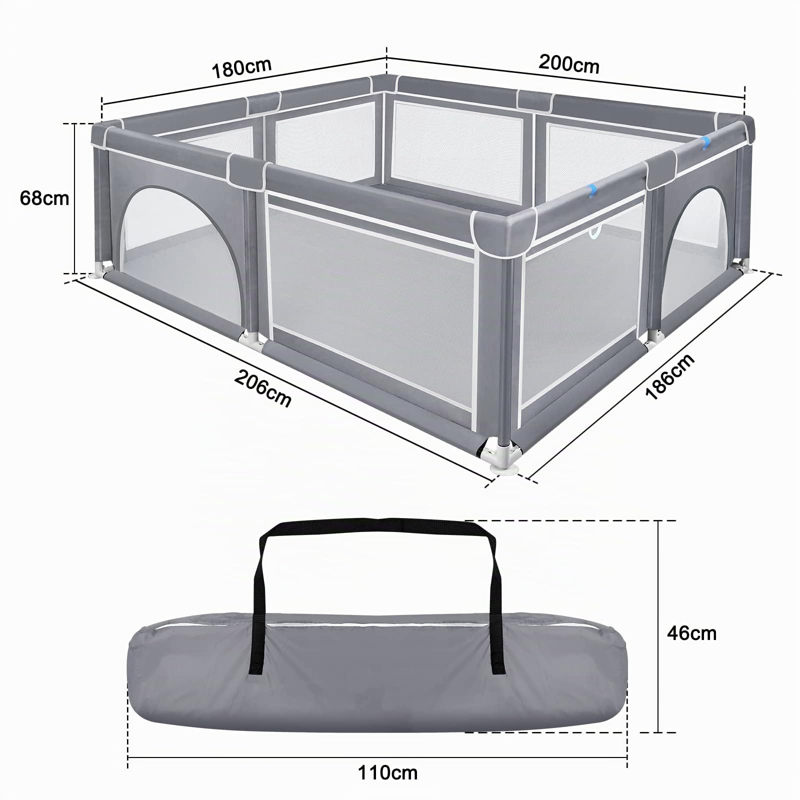 Froadp 200x180x68cm Box per Bambini con Base Antiscivolo e Rete Traspirante, Ampio Parco Giochi di Sicurezza Impermeabile in Tessuto Oxford, Centro di Attività Sicuri per Interni ed Esterni (Grigio)