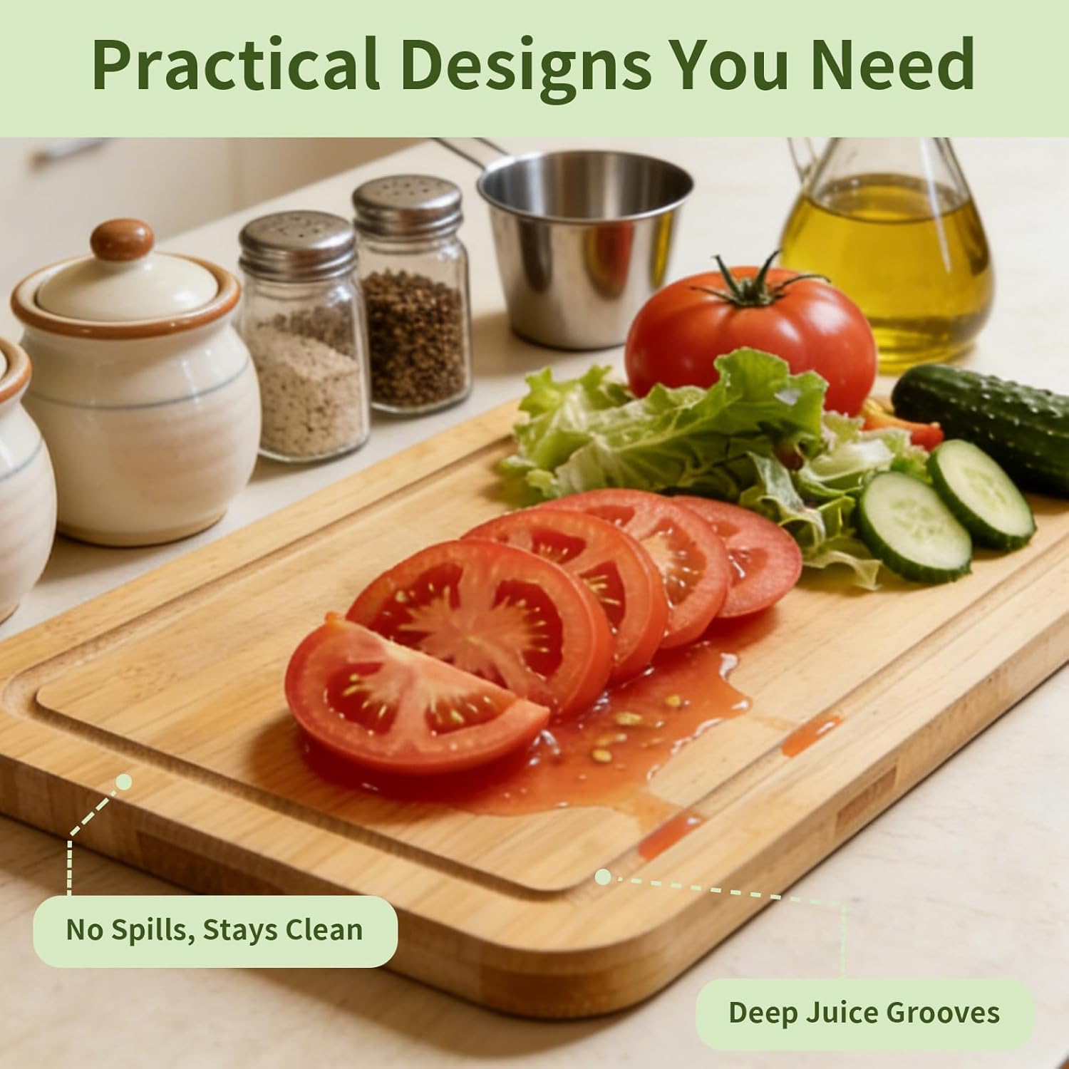 Bamboo Cutting Board Set of 3 | Non-Toxic, Pre-coated Oil, Deep Juice Grooves | Kitchen Chopping Boards for Meal Prep (15"x10", 12"x8", 9"x6")