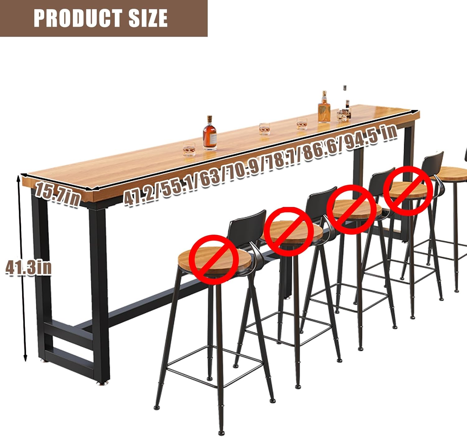 Industrial Bar Table, Long Bar Height Dining Table,Narrow High Pub Table,2" Thick Solid Wood Top for Kitchen,Coffee Shop, Breakroom,Small Space(Stool not Included)