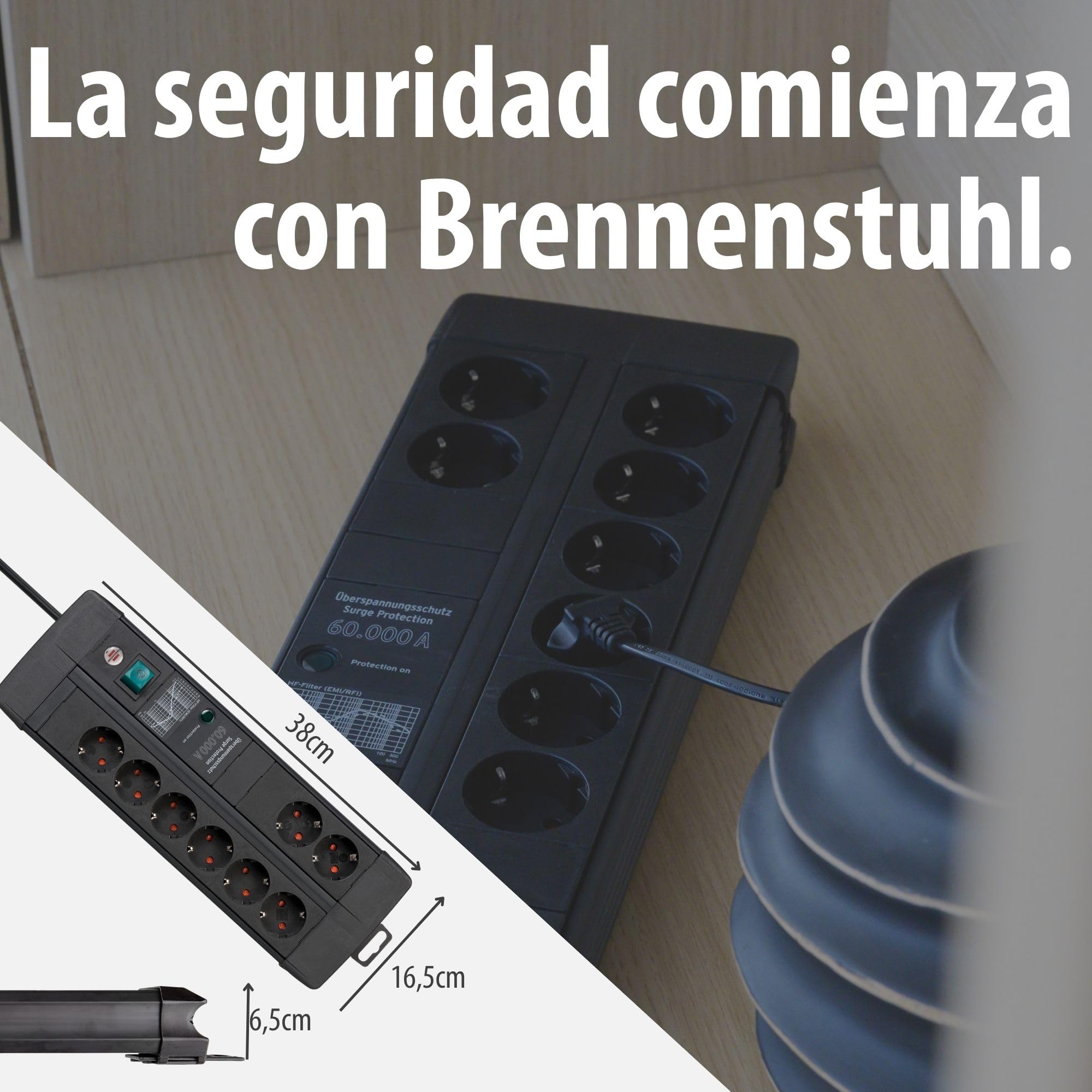 Brennenstuhl Premium-Line Duo regleta enchufes de 8 Tomas con protección contra sobretensiones (Cable de 3 m, Interruptor, protección hasta 60.000 A, Fabricado en Alemania) Negro