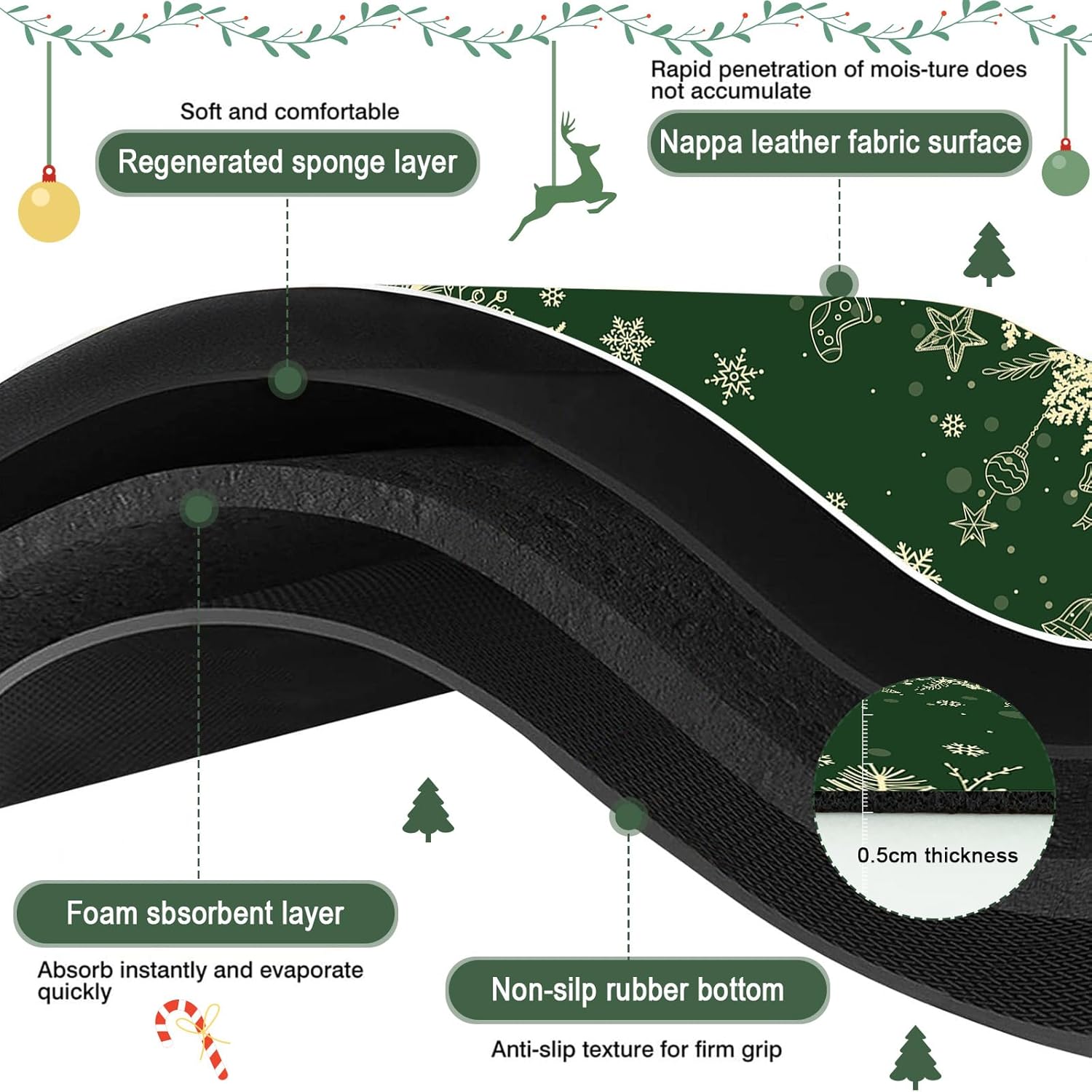 Mocsicka Merry Christmas Kitchen Mats Set of 2 Green Xmas Pine Branches Leaves Bells Snowflake Winter Christmas Decor Low-Profile Christmas Kitchen Rugs for Floor, 17x30 and 17x47 Inches