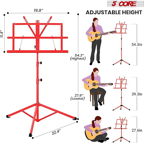 Miniatura 3 de 5 Core Soporte de música, soporte de hojas plegable ajustable 2 en 1 de doble uso, rojometal construido, soporte portátil para hojas, bolsa de