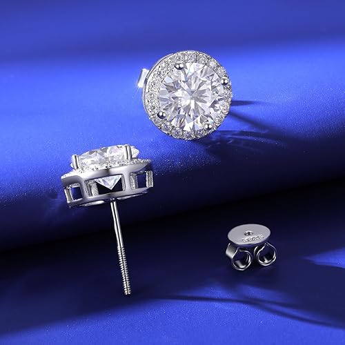 Miniatura 8 de Aretes de halo de moissanita con cierre de tuerca de 0.2-8.0 quilates, 0.118-0.394 in, chapado en oro blanco de 18 quilates, plata de ley 925, de