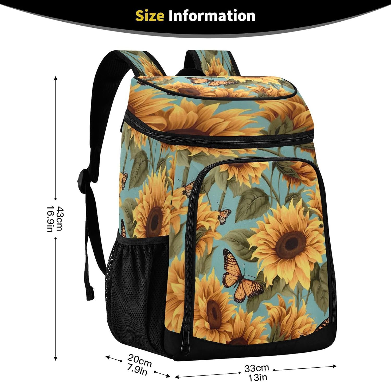 Sunflower Butterfly Cooler Backpack 36 Cans Leakproof Waterproof Backpack Cooler Bag Beach Accessories Travel Camping Fishing Backpack for Women Men