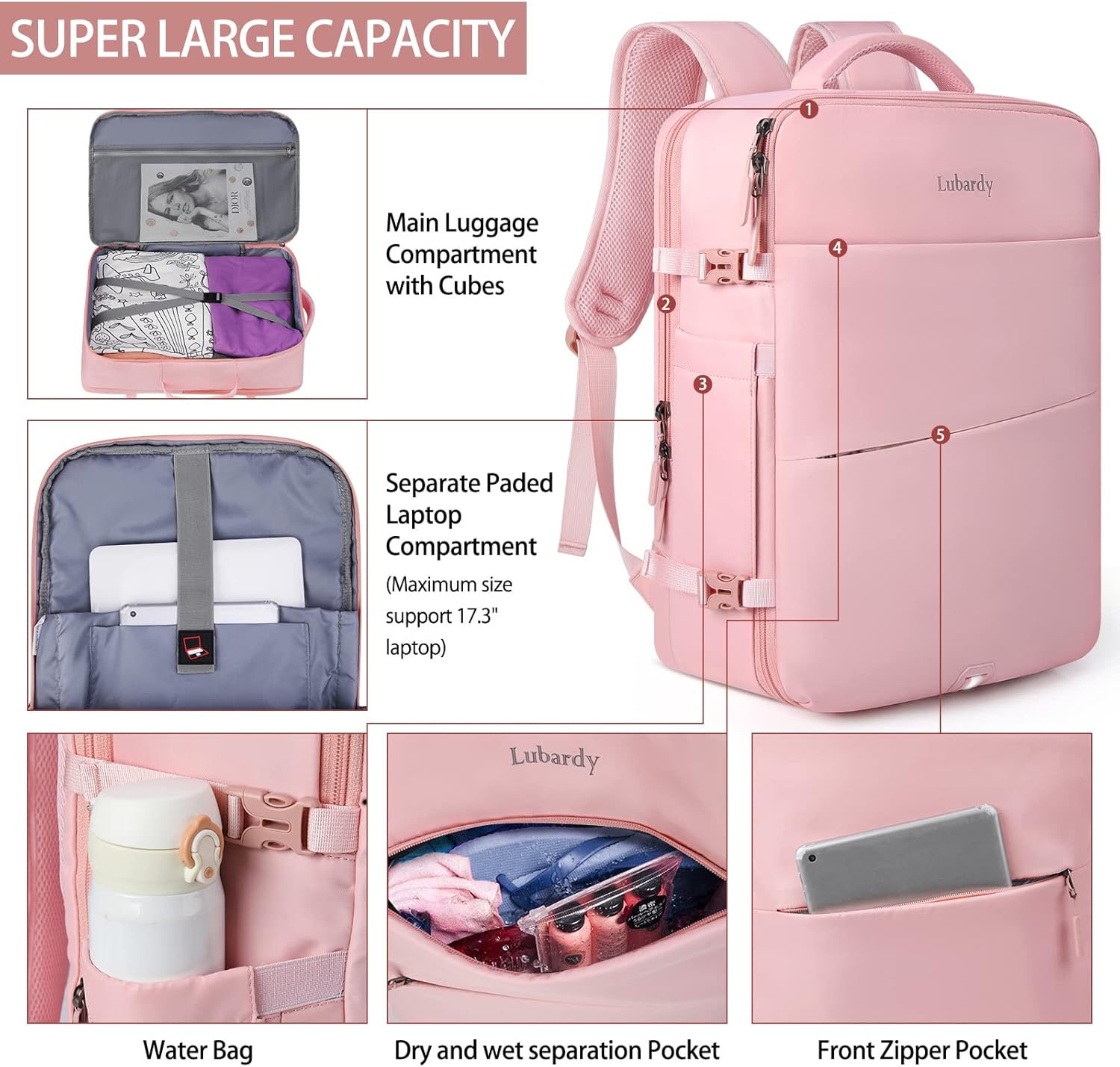 Lubardy Travel Backpack for Men Women 17 Inch Flight Approved Carry on Backpack Waterproof Large 40L Luggage Daypack Business College Weekender Overnight Laptop Backpack with 3 Packing Cubes, Pink - Image 4