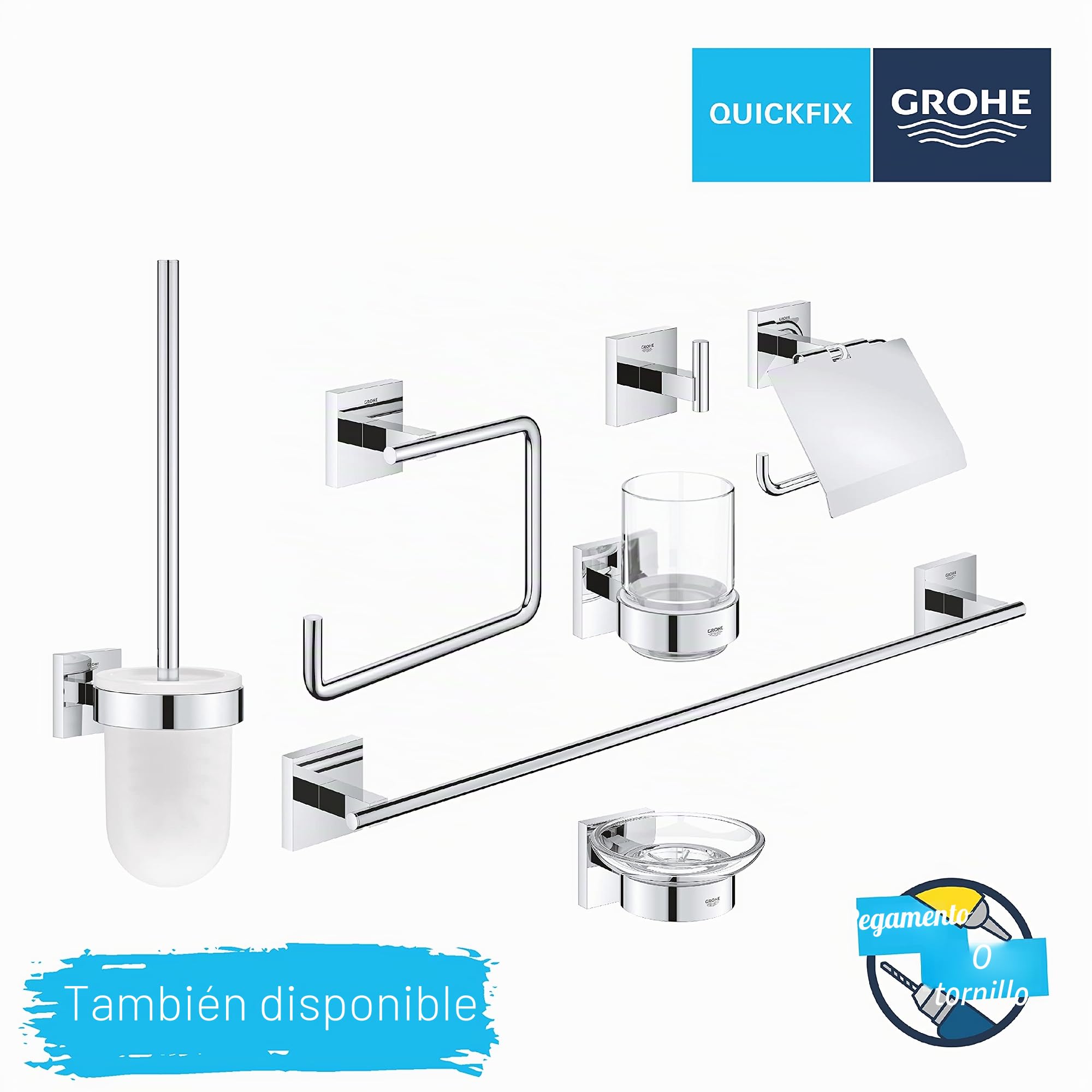 Grohe Start Cube QuickFix - Set de accesorios 3-en-1, Portarollos con tapa, colgador individual y set escobillero, cromo, para pegar (pegamento QuickGlue A1) o atornillar, ref. 41123000