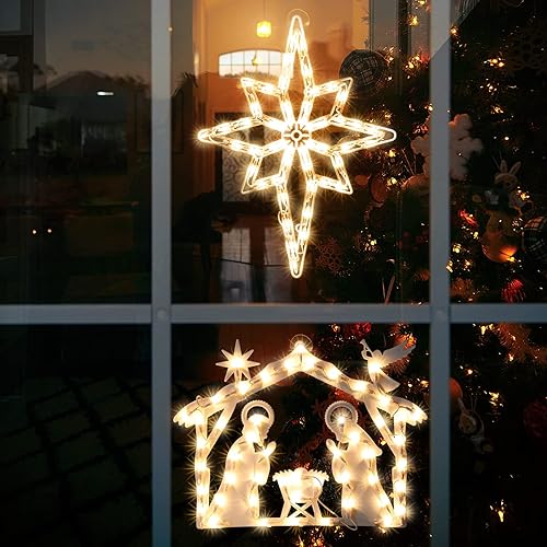 Paquete de 2 decoraciones iluminadas de ventana de Navidad, luces de silueta de ventana de Navidad, decoración de lámpara de letrero de Navidad de
