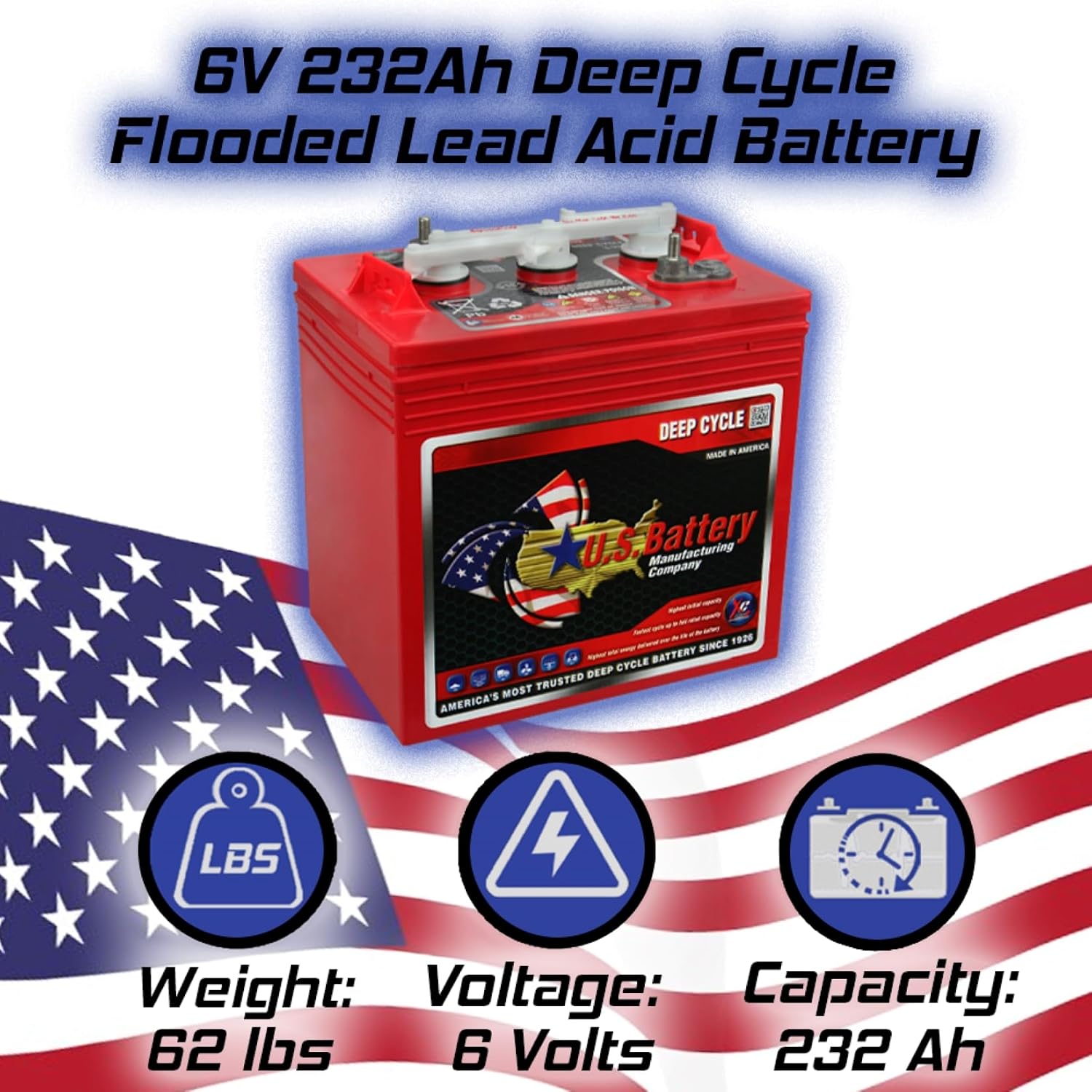 US Battery US2200 XC2, 6 Volt, 232 Amp Hours, GC2 Group Size, 4 Pack
