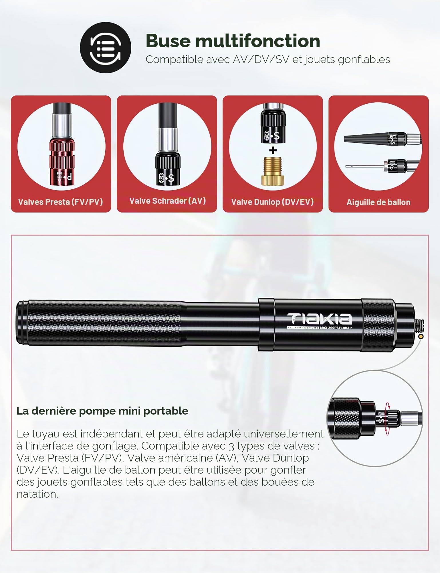 Tiakia Pompe à Vélo Mini Pompe Haute Pression 260PSI Petite Pompe à Main pour Valve Presta Schrader Dunlop, Pompe à Vélo Portable Compacte légère avec Support de Fixation pour BMX VTT Velo Route