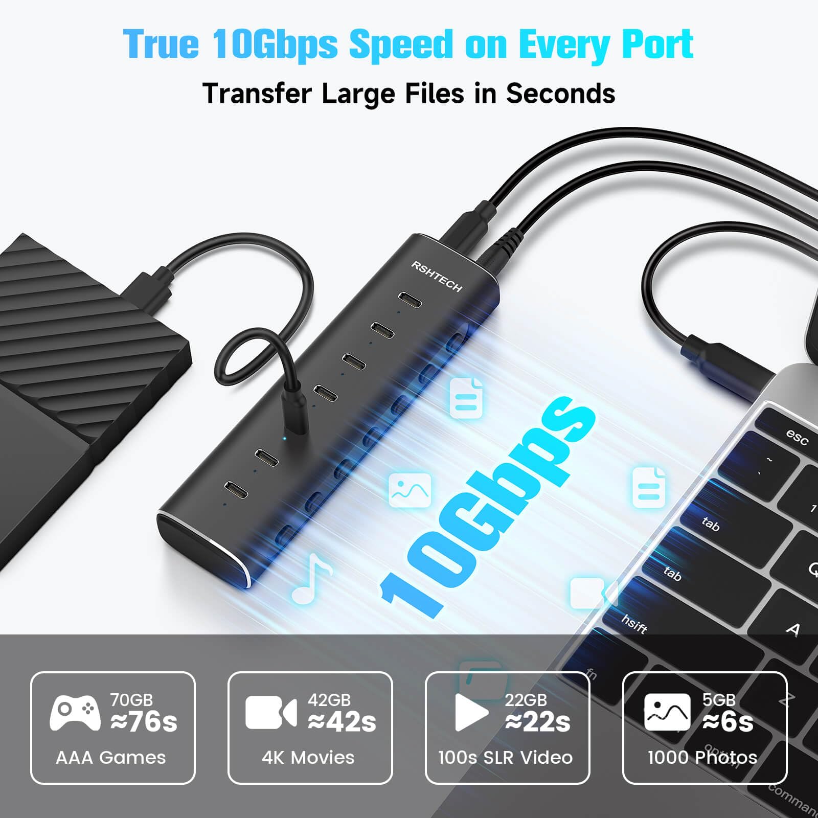 RSHTECH Hub USB C 3.2 de 7 puertos de 10 Gbps con 7 puertos de datos USB-C, interruptores individuales, cable desmontable de 3.3 pies, adaptador de corriente de 36 W, extensor USB de aluminio para