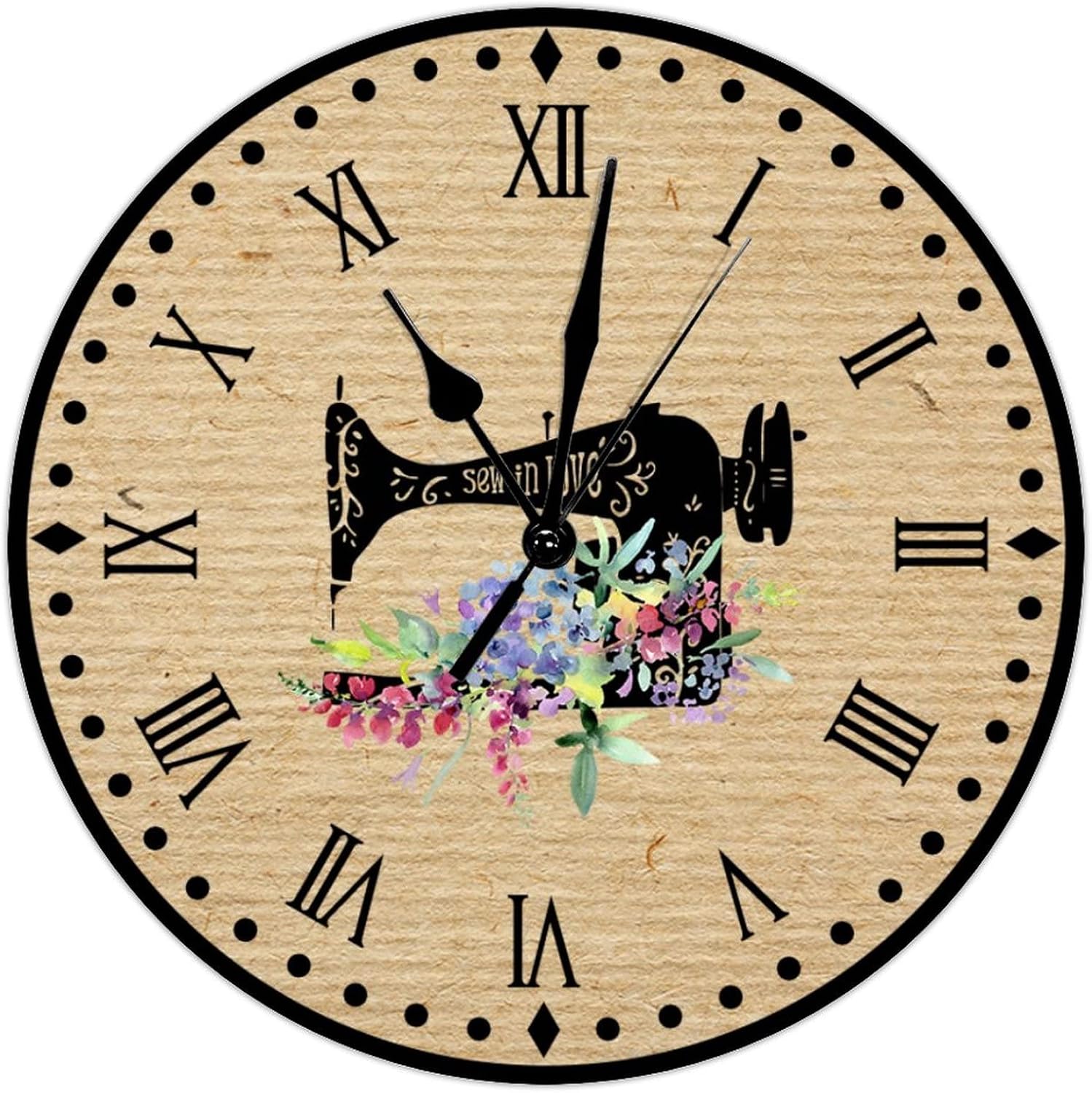 Sewing Flower Sew in Love Wood Wall Clock Silent Battery Wall Clocks Sewing Lover Home Decor Gift Wall Clocks Craft Room Decor Wall Clock Tuscan Country Style 12inch Round Clock for Living Room