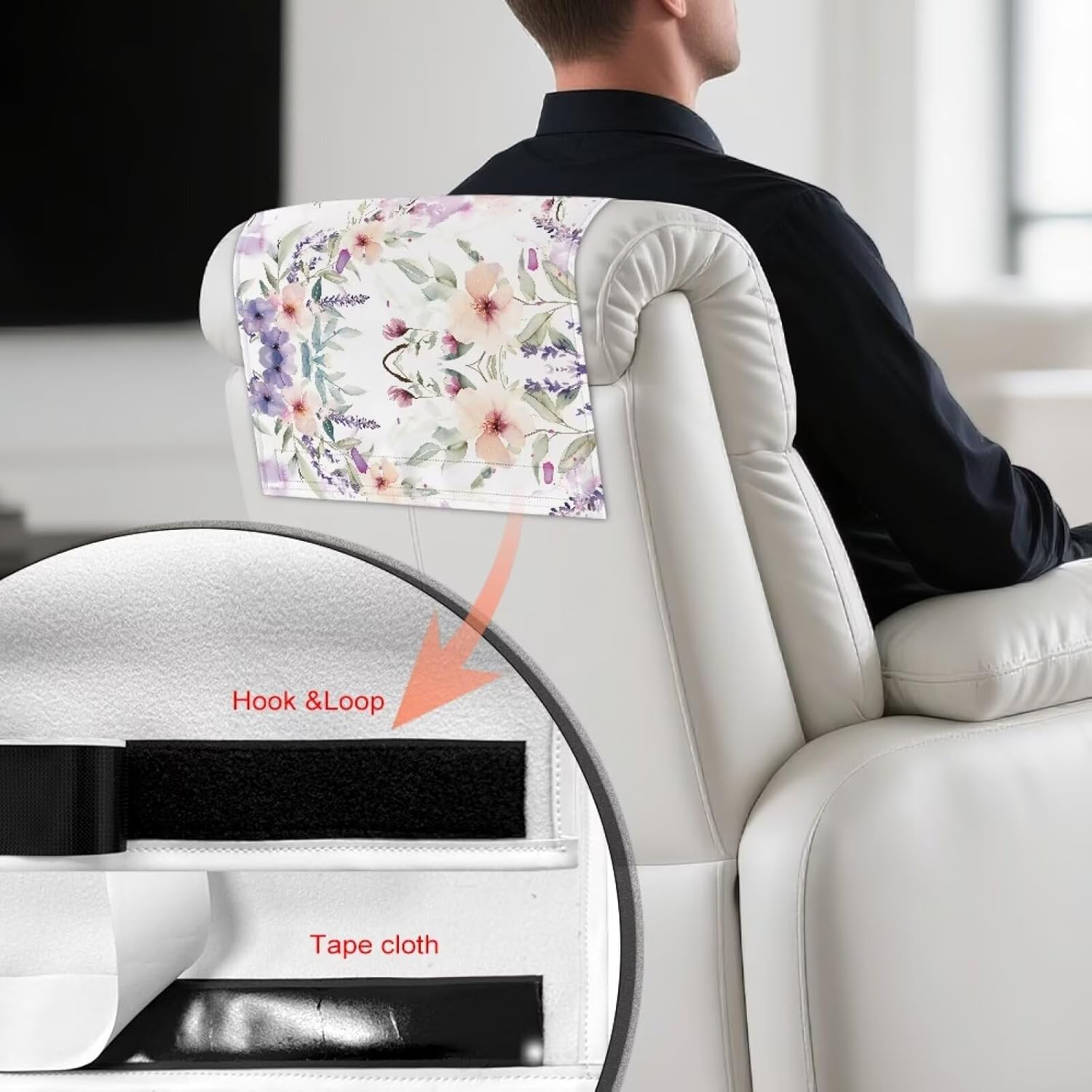 Wanyint Recliner Headrest Protector PU Leather Scratch Resistant Chair Headrest Cover Washable Furniture Protector with Hook and Loop Fasteners, 17x27 Inch, Highland Cow Floral Violet, Set of 3