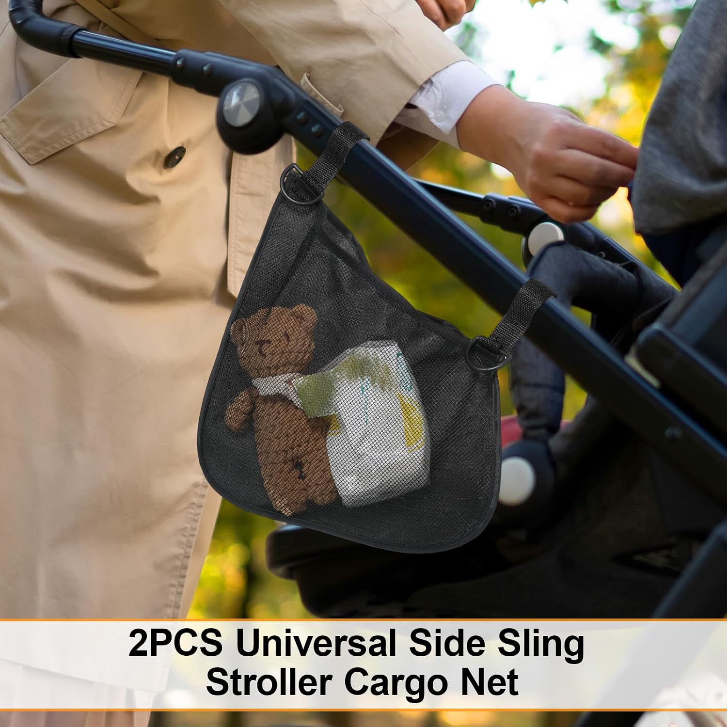 Qianyu 2 Pack Universal Side Sling Stroller, Cargo Net Portable Adjustable Strollers Storage Bag Black Organizer Mesh Bag with Non-Slip Straps to Increase Extra Stroller Storage Space