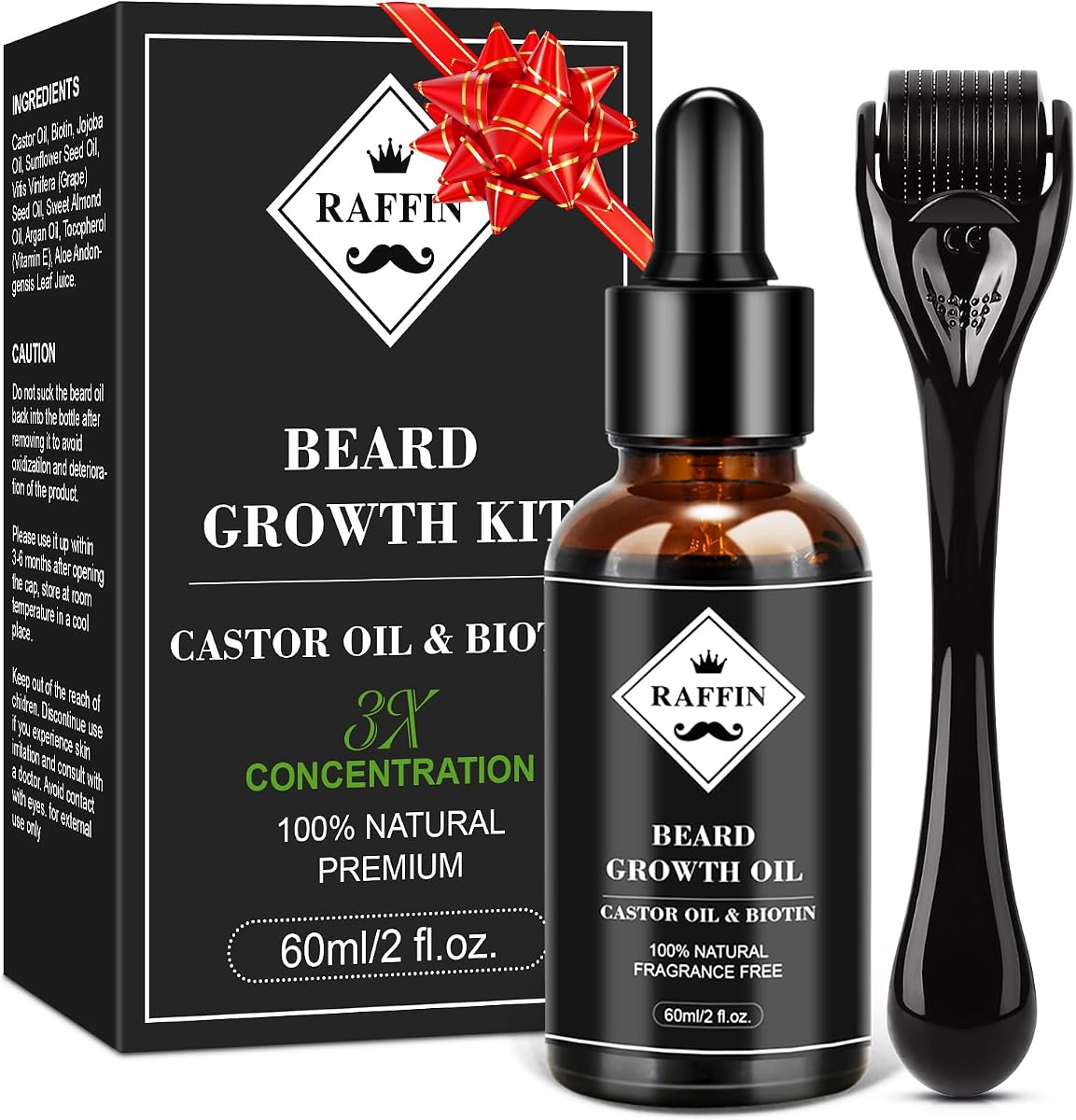 RAFFIN Beard Growth Kit, Beard Growth Oil (2Oz) w/3 X Thickening Biotin & Castor Oil for Spot/Patchy Beard, Achieve Fuller, Thicker, Healthier Beard, Birthday Gifts for Men Him Boyfriend Husband Dad