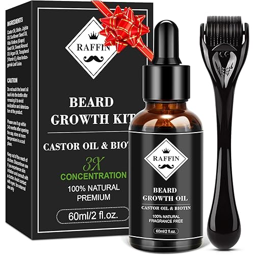 Beard Growth Kit, Upgraded Beard Growth Oil (2Oz) w/3 X Thickening Biotin & Castor Oil for Spot/Patchy Beard, Achieve Fuller, Thicker & Healthier Beards, Birthday Gifts for Men Him Boyfriend Husband