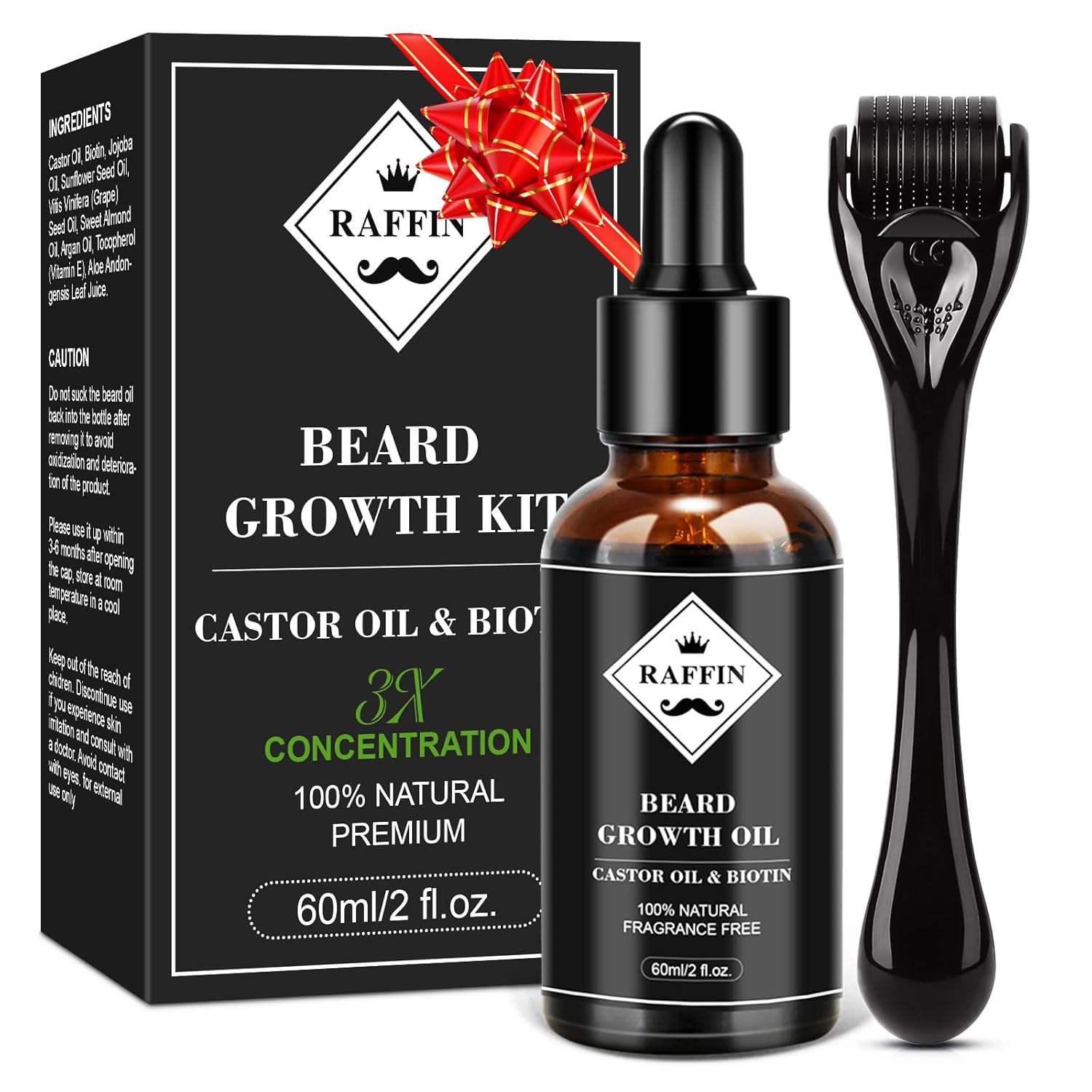 Beard Growth Kit, Upgraded Beard Growth Oil (2Oz) w/3 X Thickening Biotin & Castor Oil for Spot/Patchy Beard, Achieve Fuller, Thicker & Healthier Beards, Birthday Gifts for Men Him Boyfriend Husband