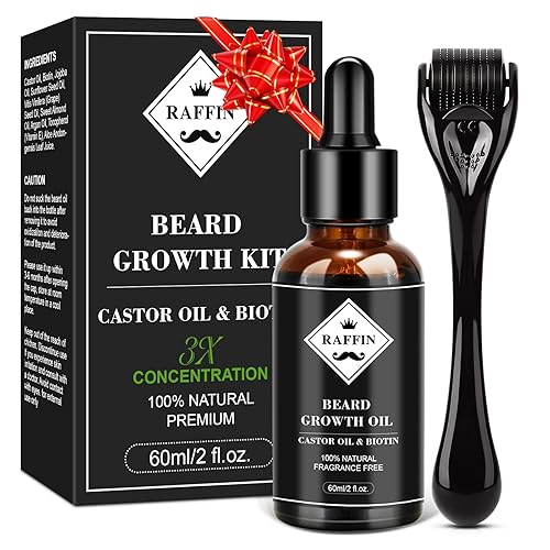 Kit de crecimiento de barba, aceite de crecimiento de barba mejorado (2 onzas) con 3 biotinas espesantes y aceite de ricino para barba