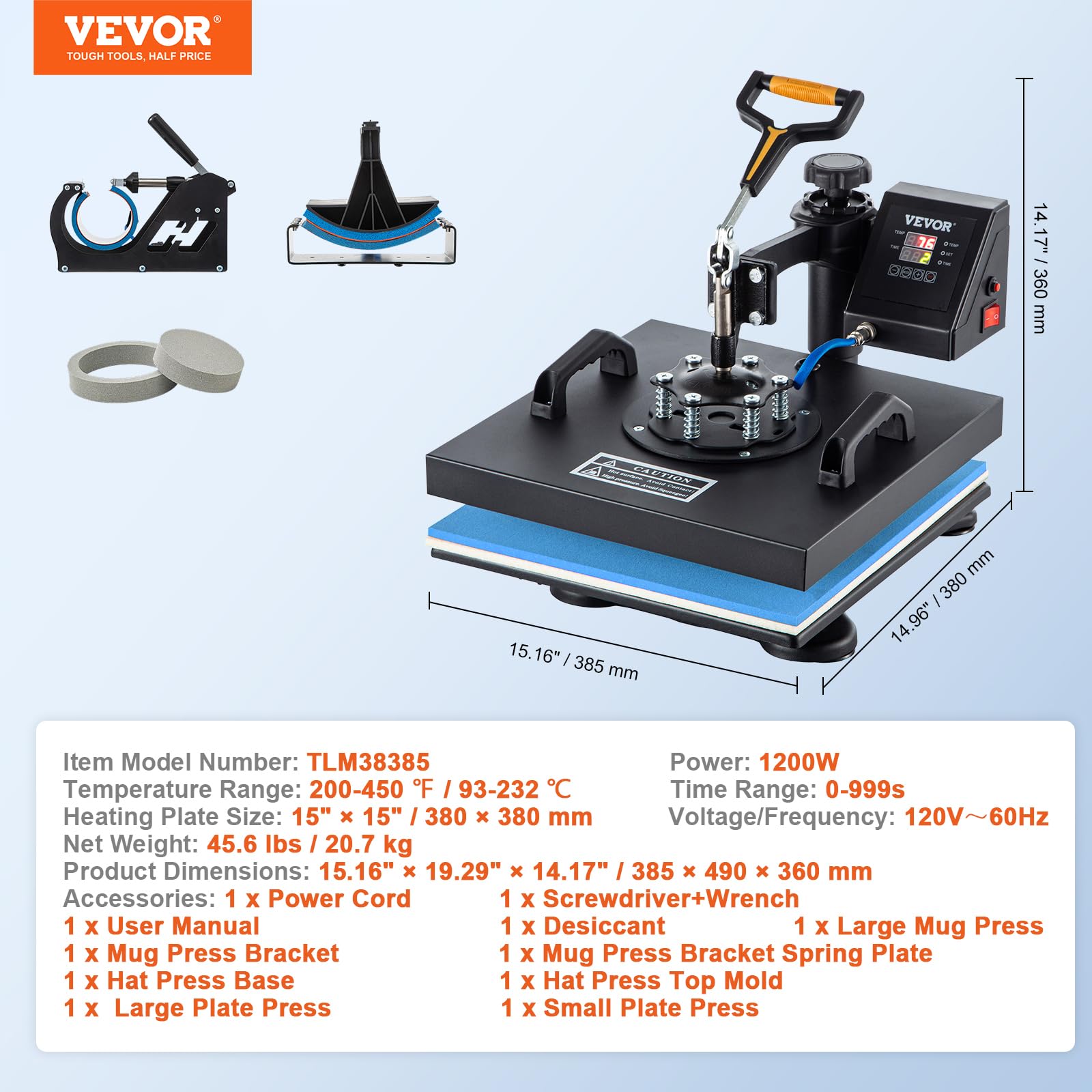 VEVOR Presse de la Chaleur 5 en 1 38 x 38 cm Machine de Presse à Chaud Heat Press Machine Swing Design Sublimation Thermique pour Plaque Mug Tasse Chapeau T-Shirt