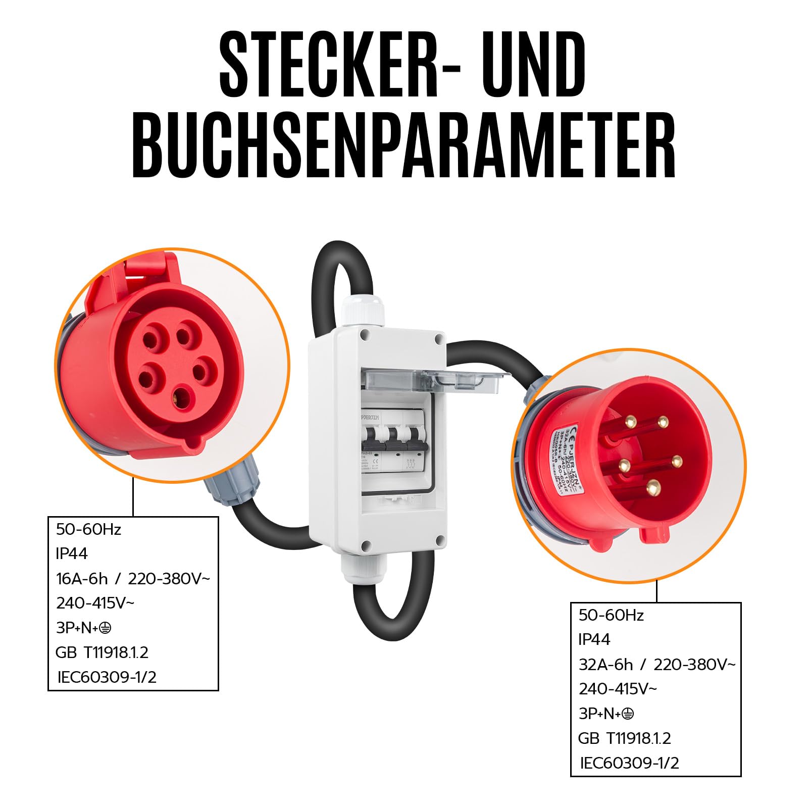 Adattatore CEE maschio 32A a 16A adattatore 415V 2,5mm² – Cavo conversione senza attrezzi, protezione IP44 a 5 poli per campeggio, cantiere, officina (32A a 16A 3P 415V)