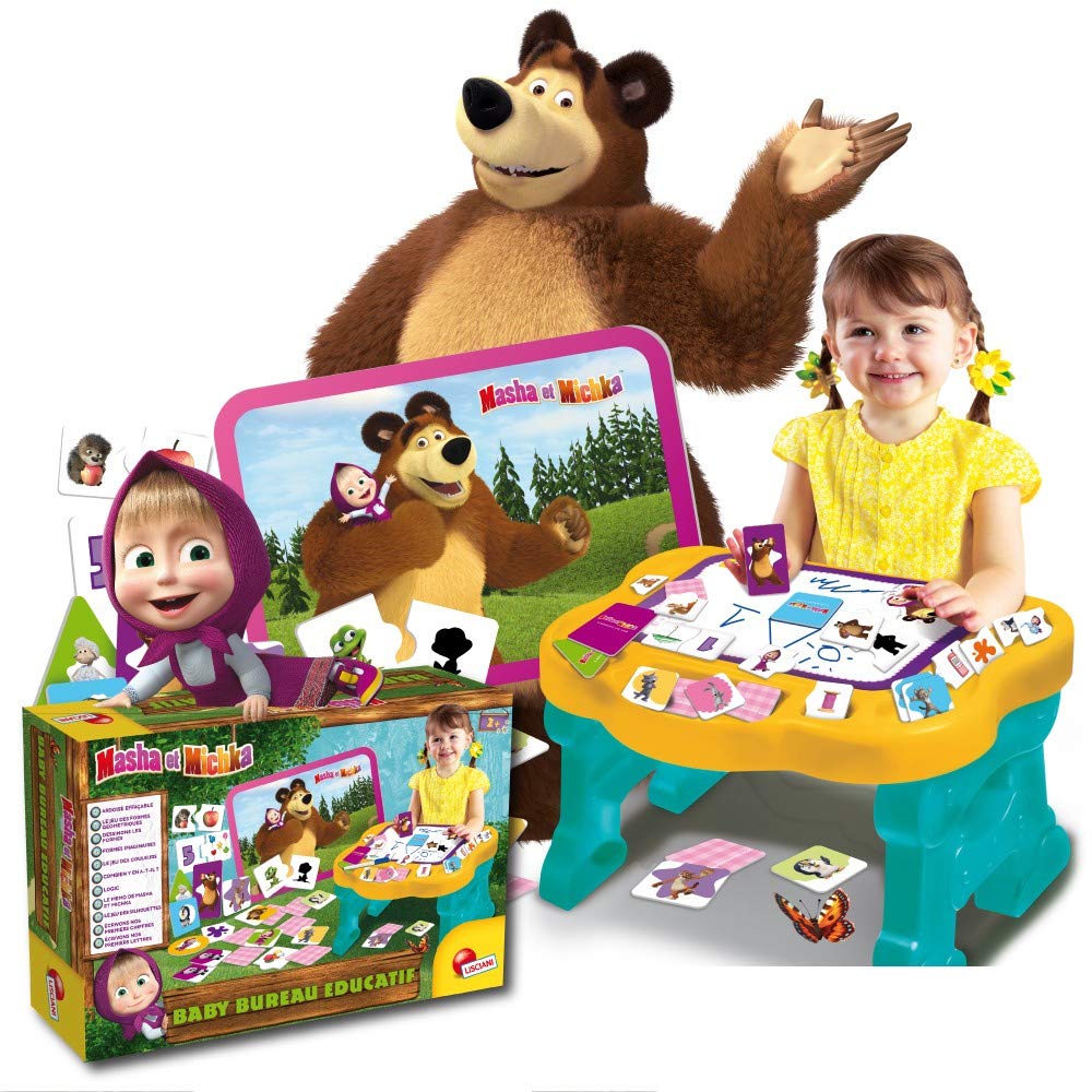 LISCIANI - MASHA ET MICHKA - Bureau Educatif pour Enfants dès 2 Ans - Coffret de Jeux Educatifs avec Ardoise Effaçable - Bureau à Assembler avec Espace de Rangement - Taille Bureau 47 x37x26,5cm