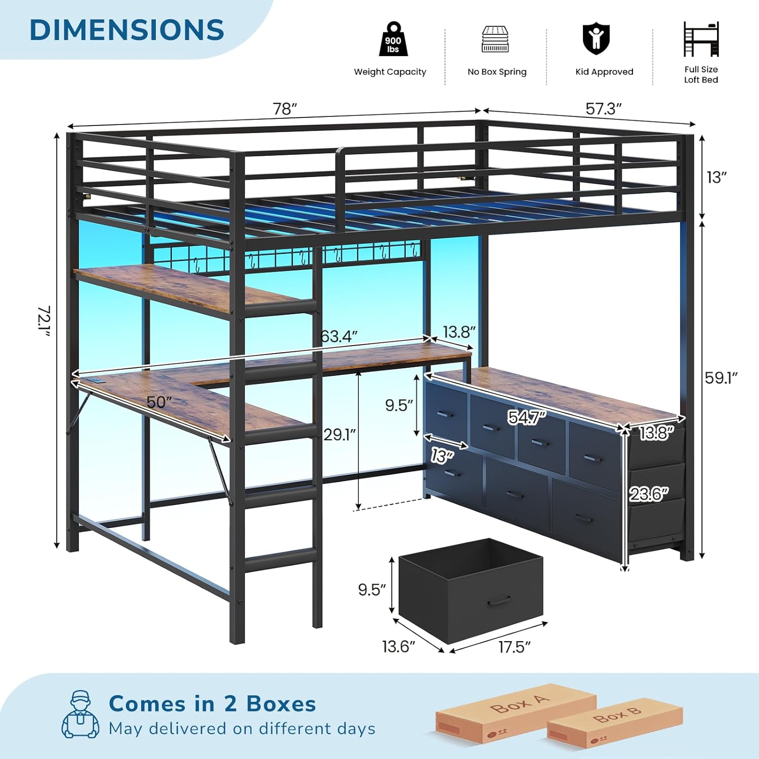 Full Size Loft Bed with U-Shaped Desk, 7-Drawer Storage and 2-Tier Shelves, Built-in Charging Station and RGB LED Lights, Heavy-Duty Metal Frame with Safety Guardrail and Ladder, Bed for Kids & Teens